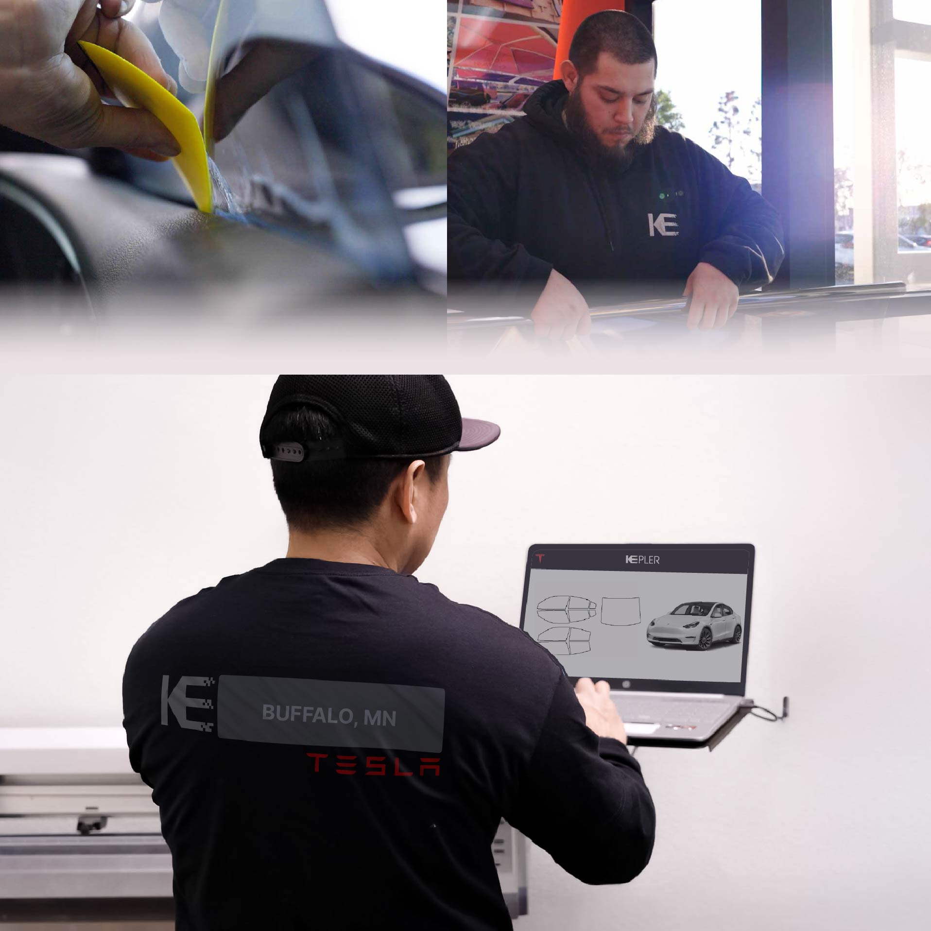 Expert Technician Installing High-tech Window Tint to Tesla in Buffalo