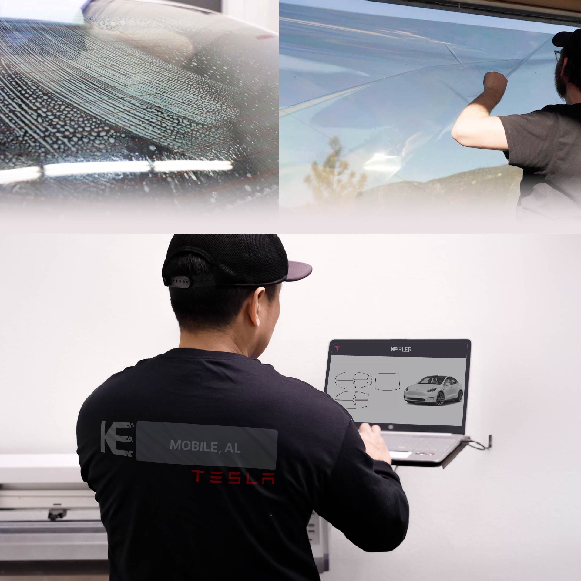 Kepler Technician Fitting Ceramic Window Tint to Tesla in Mobile