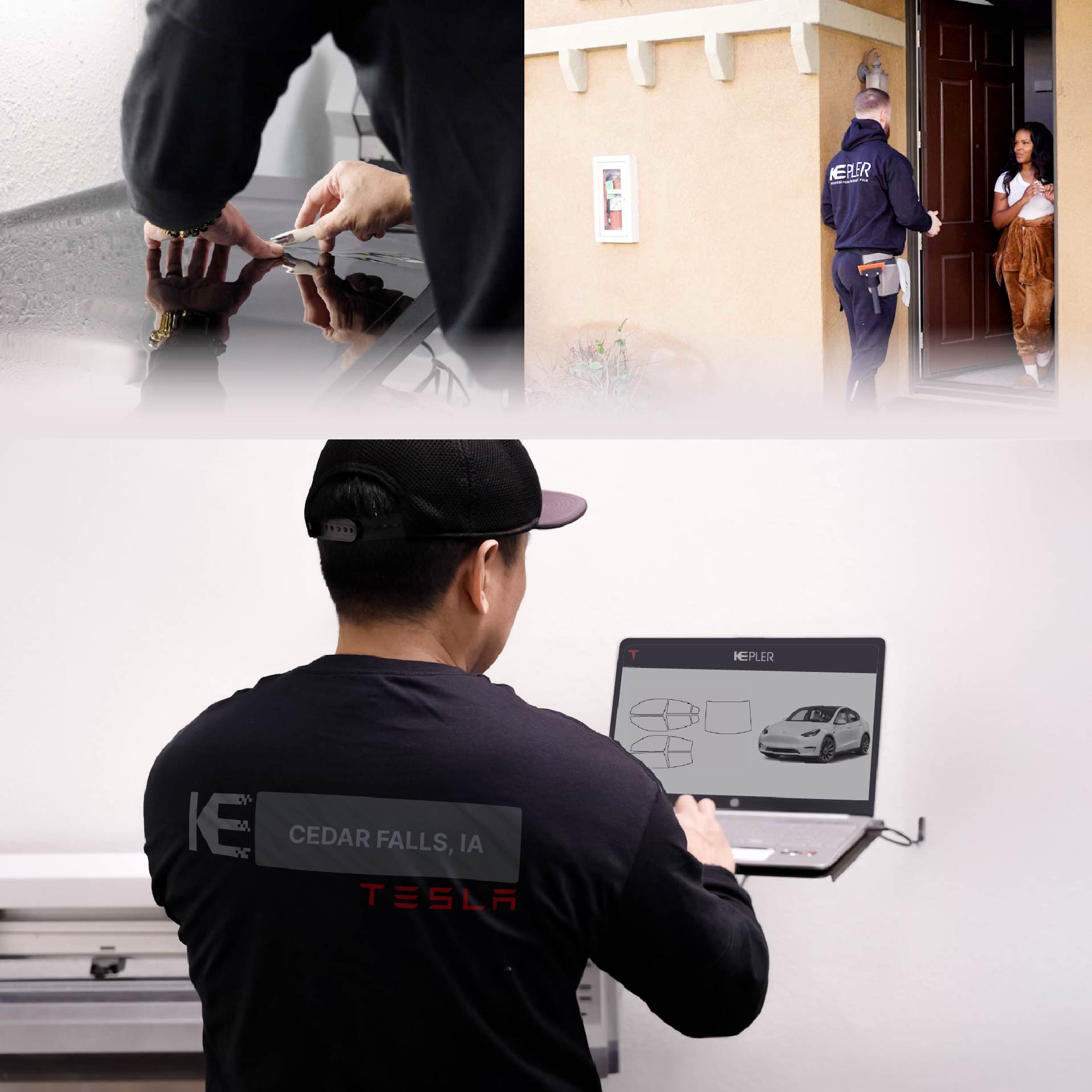 Expert Technician Applying Ceramic Window Tint to Tesla in Cedar Falls