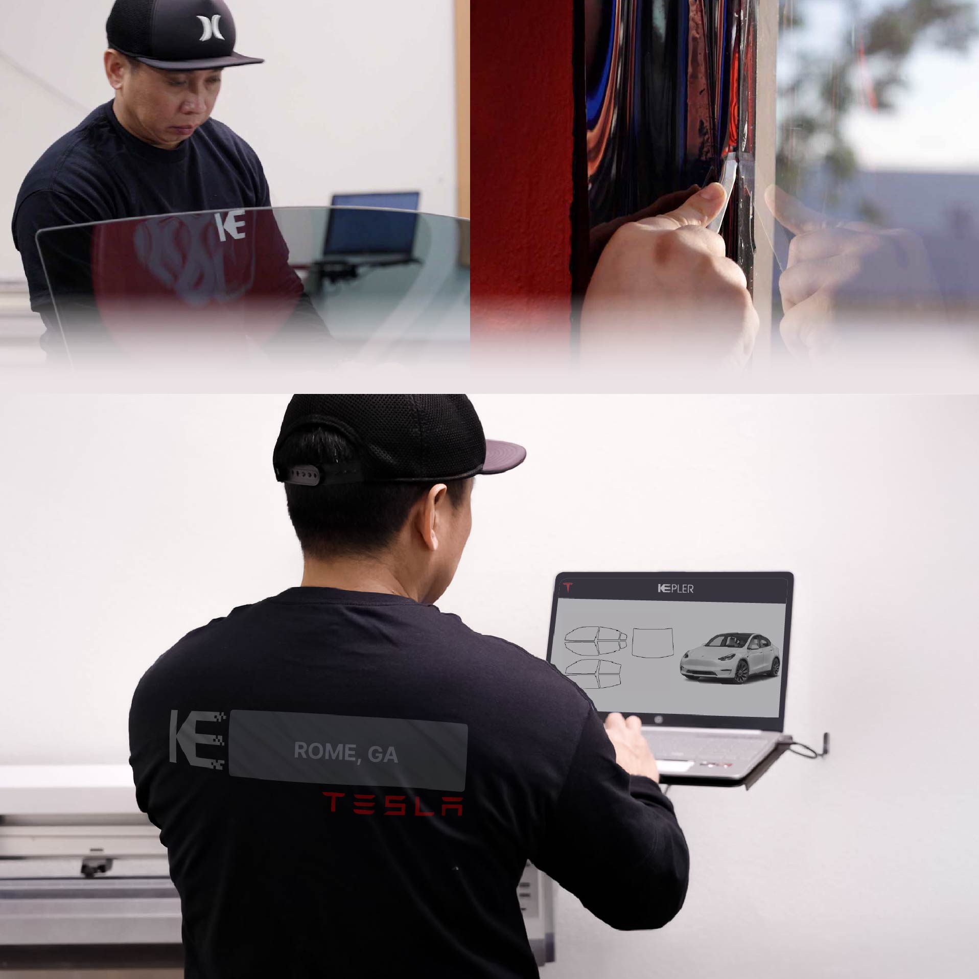Expert Technician Applying High-tech Window Tint to Tesla in Rome