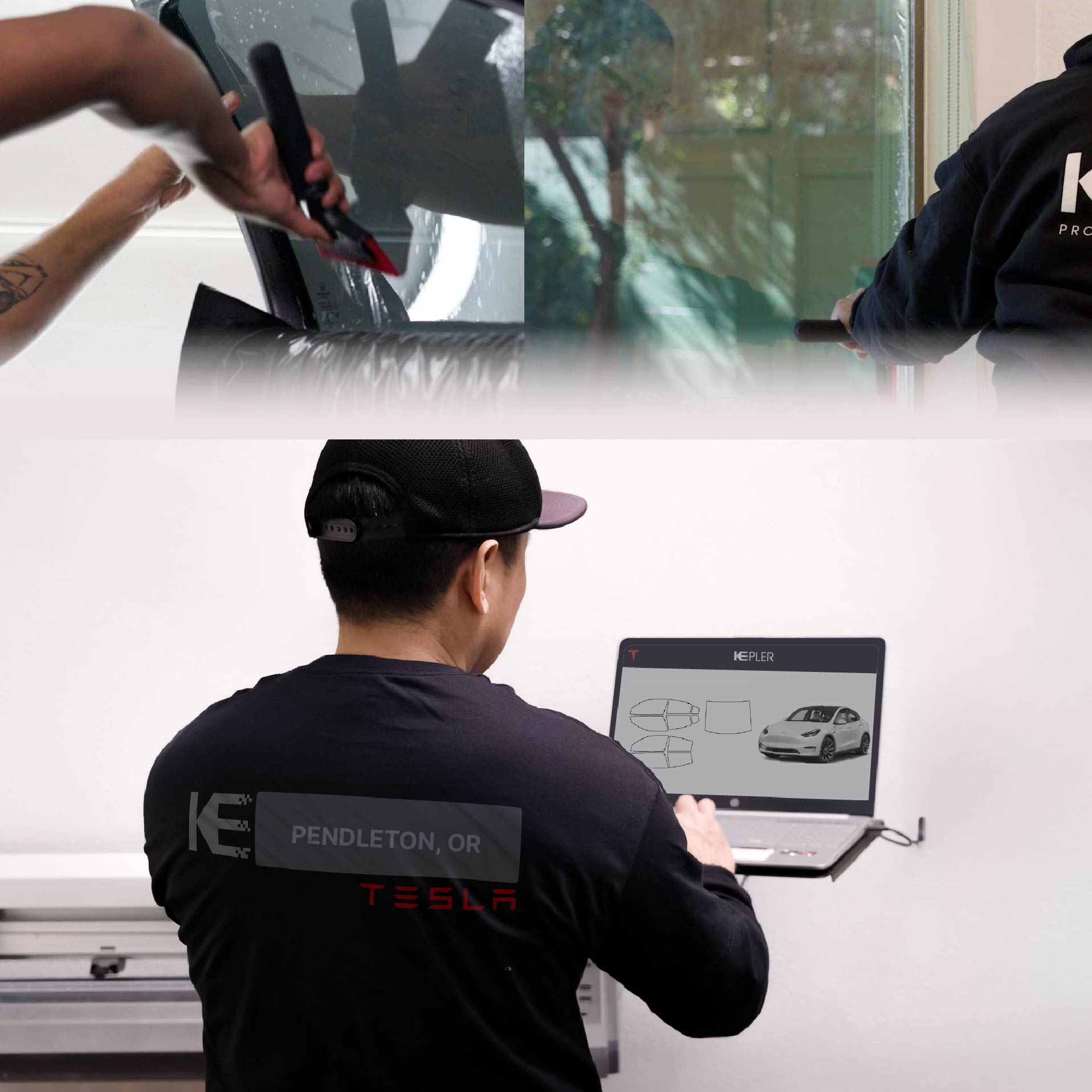 Expert Technician Fitting High-tech Window Tint to Tesla in Pendleton