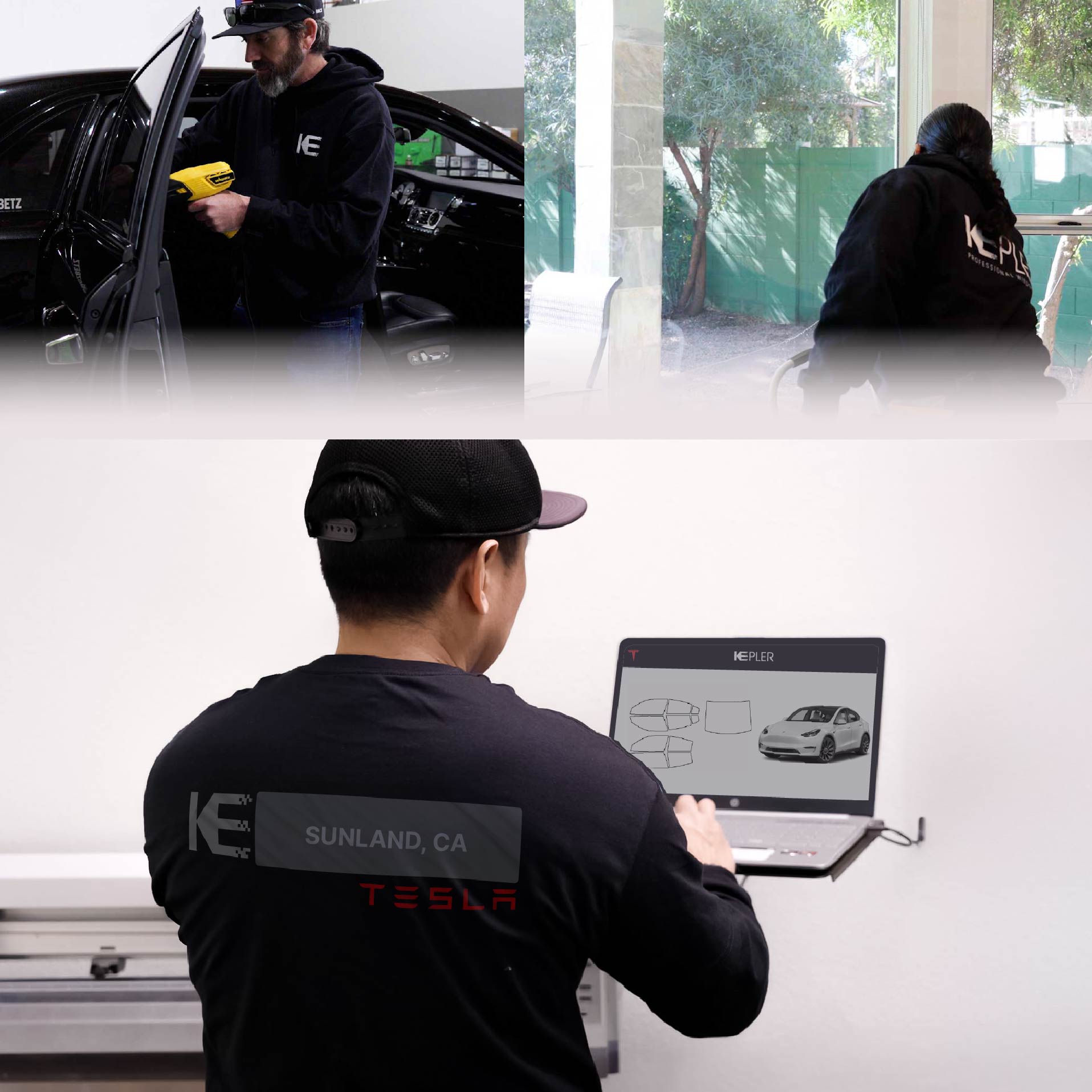Expert Technician Applying High-tech Window Tint to Tesla in Sunland