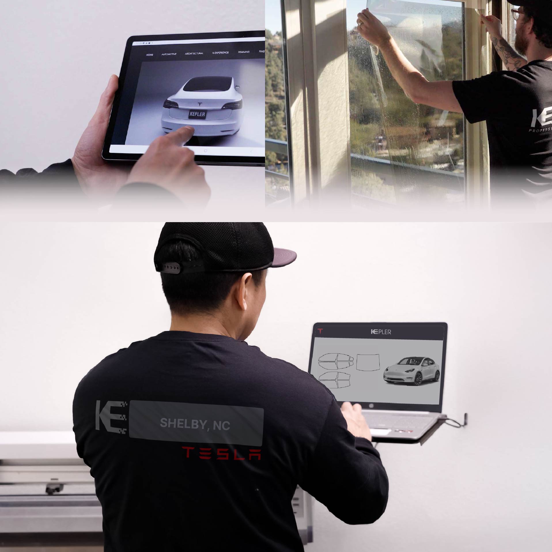 Kepler Technician Applying High-tech Window Tint to Tesla in Shelby