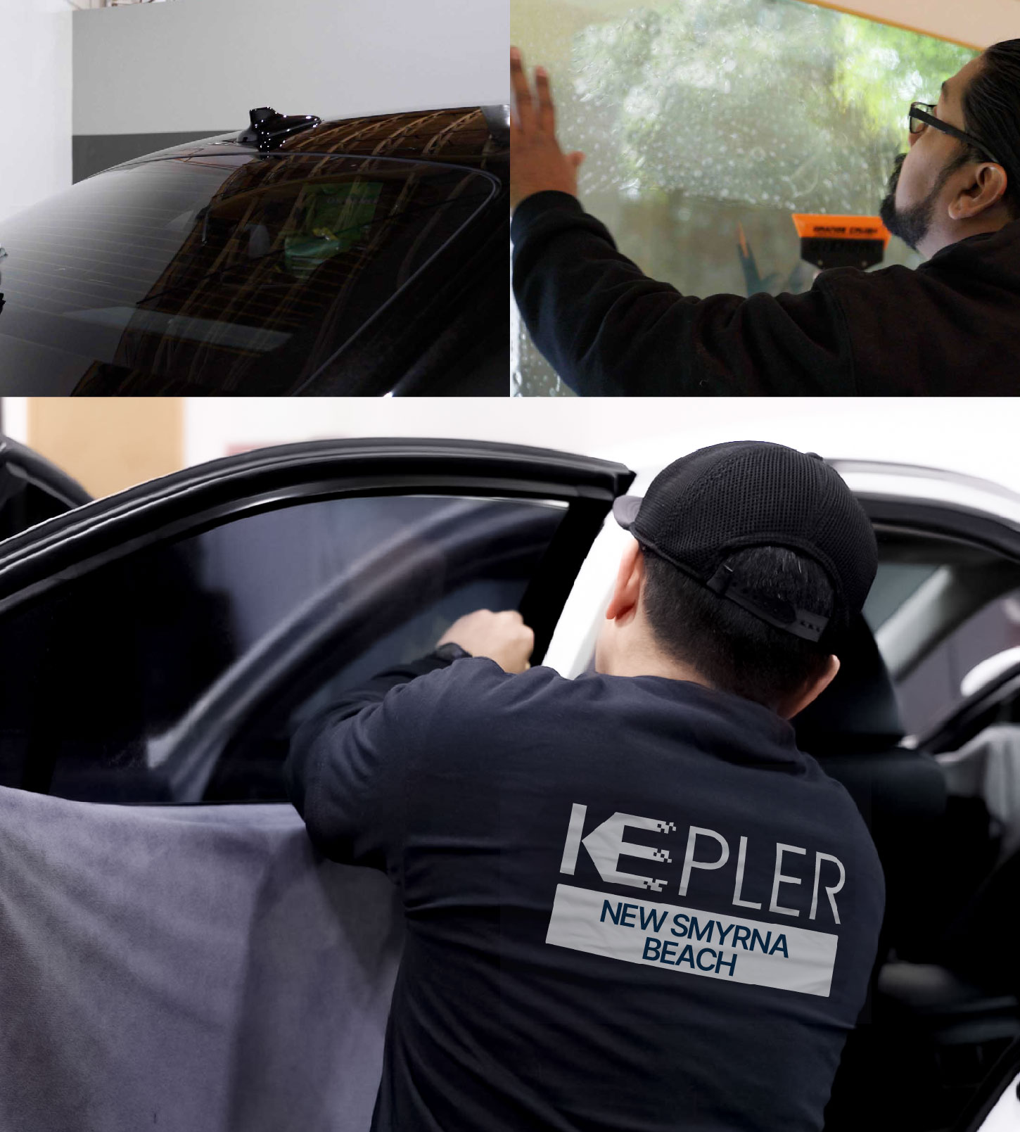 Automotive Window Tinting Expert Applying Film in New Smyrna Beach, Florida