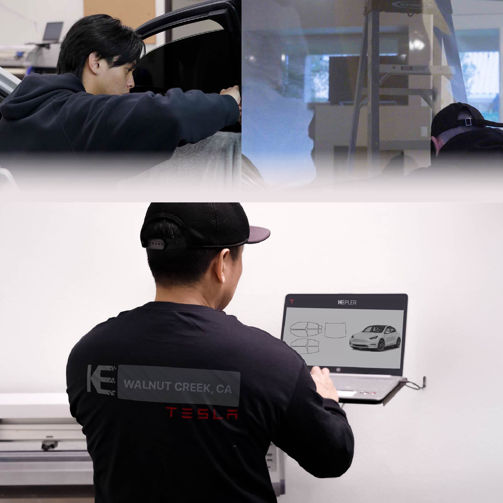 Expert Technician Applying Advanced Window Tint to Tesla in Walnut Creek