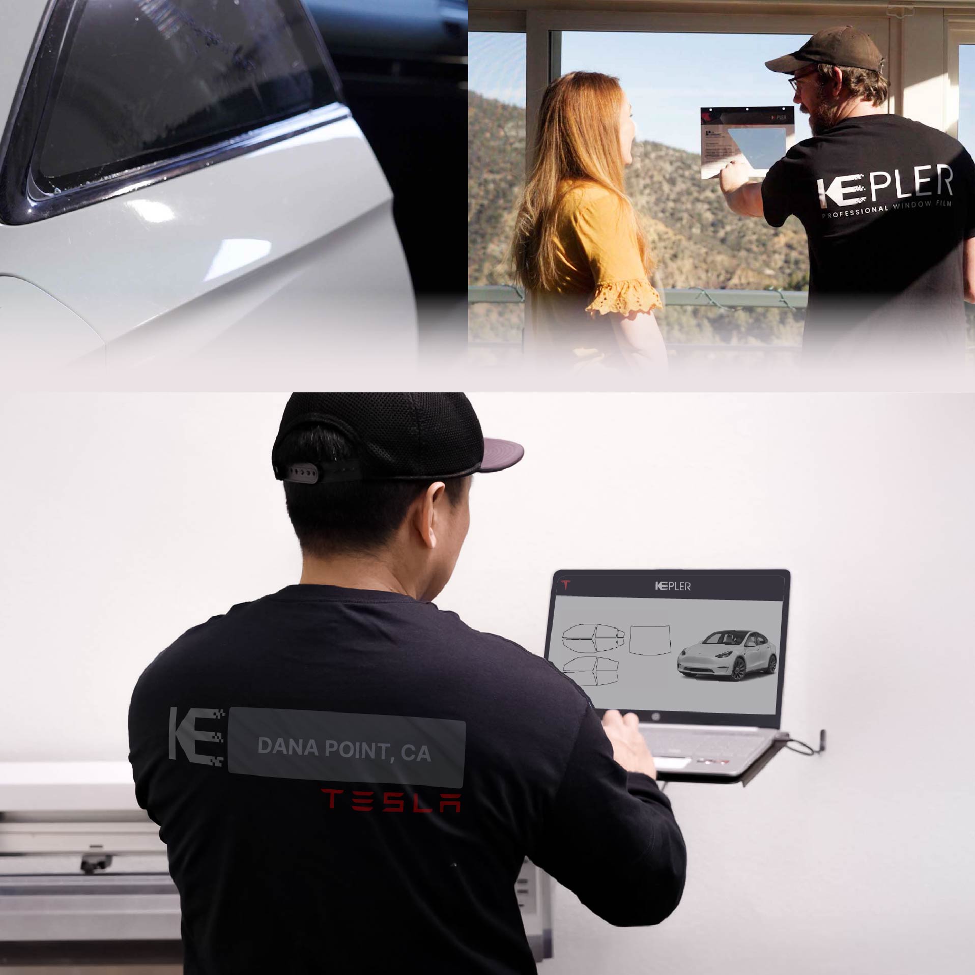 Kepler Technician Installing Ceramic Window Tint to Tesla in Dana Point