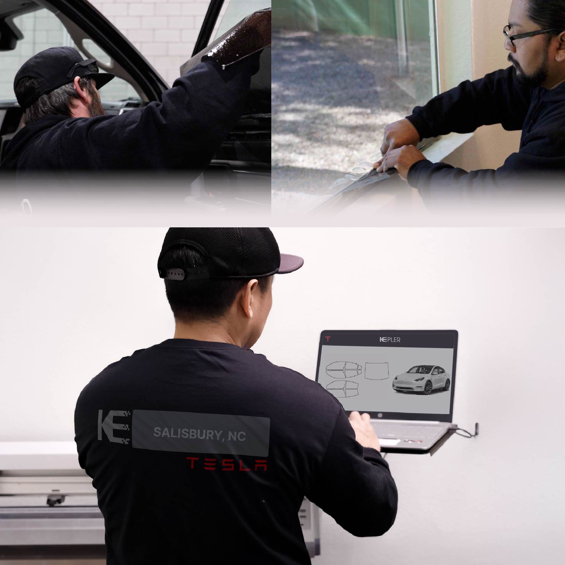 Expert Technician Installing Advanced Window Tint to Tesla in Salisbury