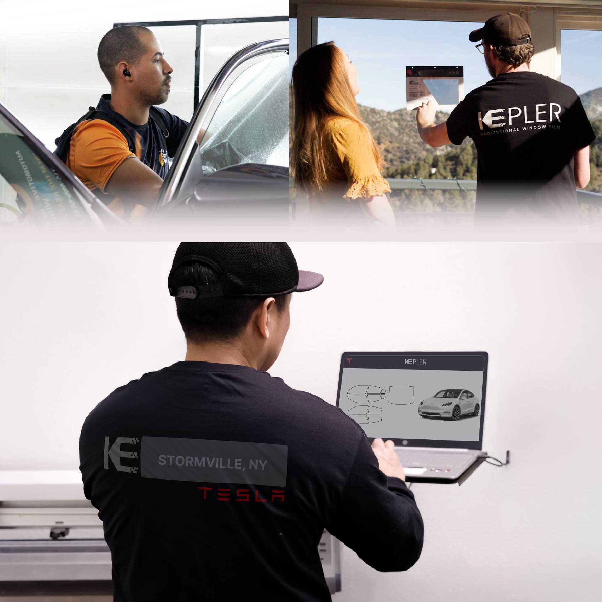 Kepler Technician Fitting Advanced Window Tint to Tesla in Stormville