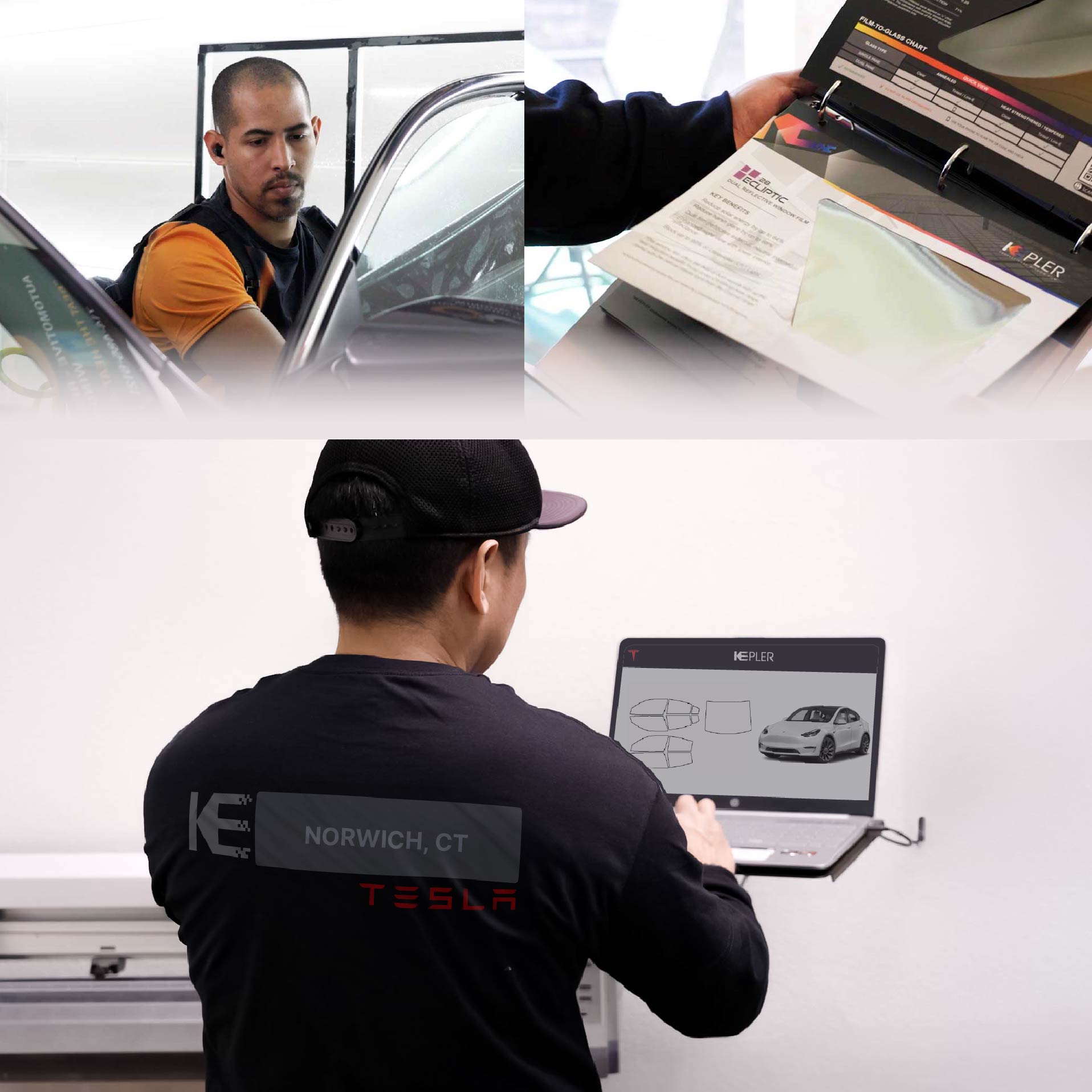 Kepler Technician Applying Advanced Window Tint to Tesla in Norwich
