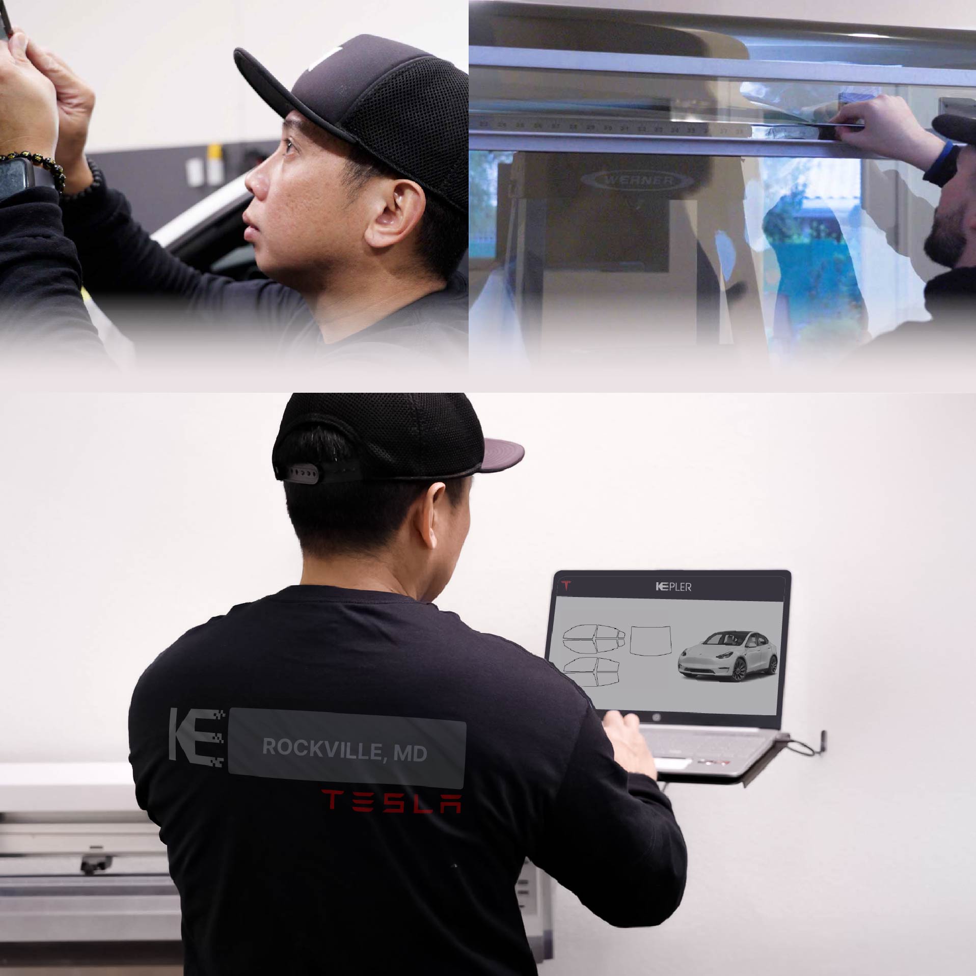 Expert Technician Installing Ceramic Window Tint to Tesla in Rockville
