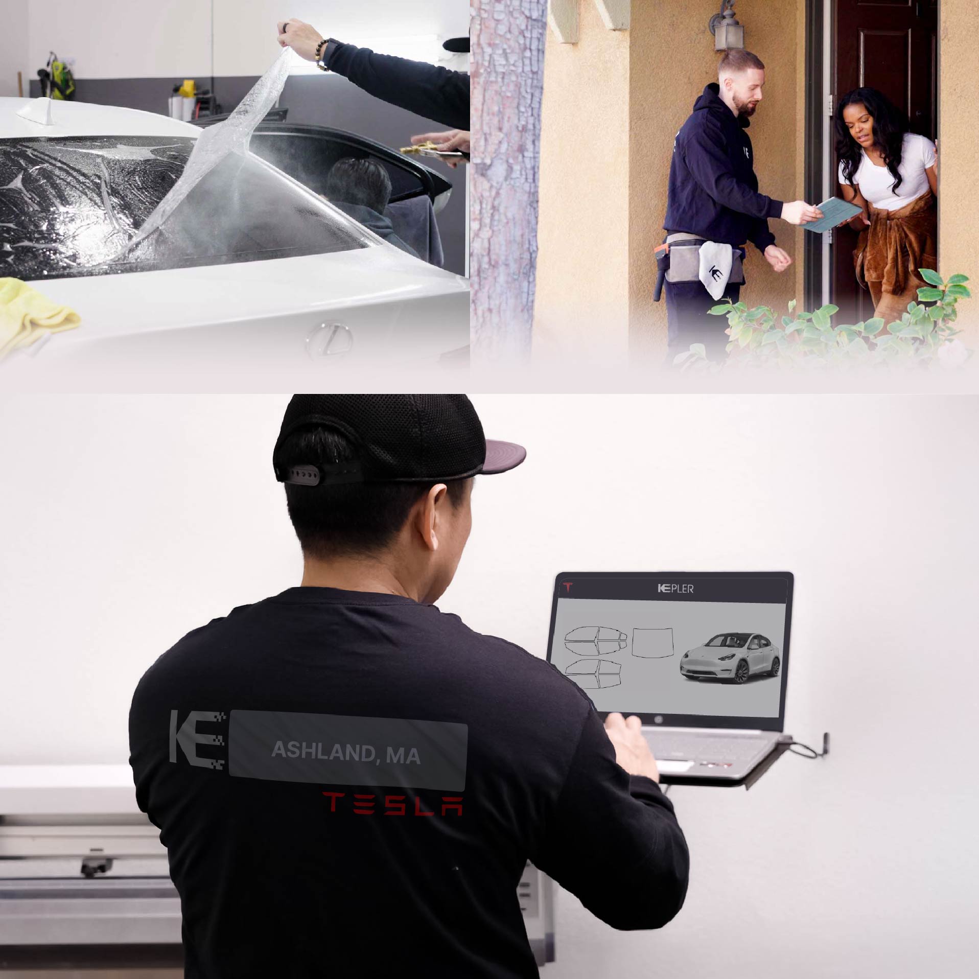 Kepler Technician Fitting Advanced Window Tint to Tesla in Ashland