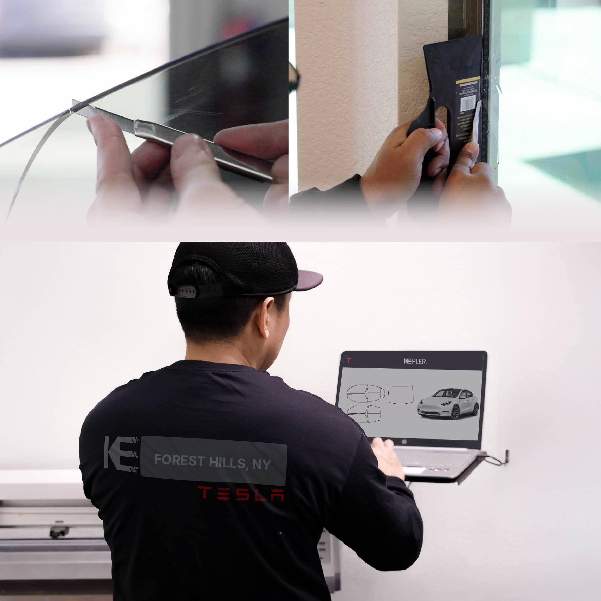 Expert Technician Fitting High-tech Window Tint to Tesla in Forest Hills
