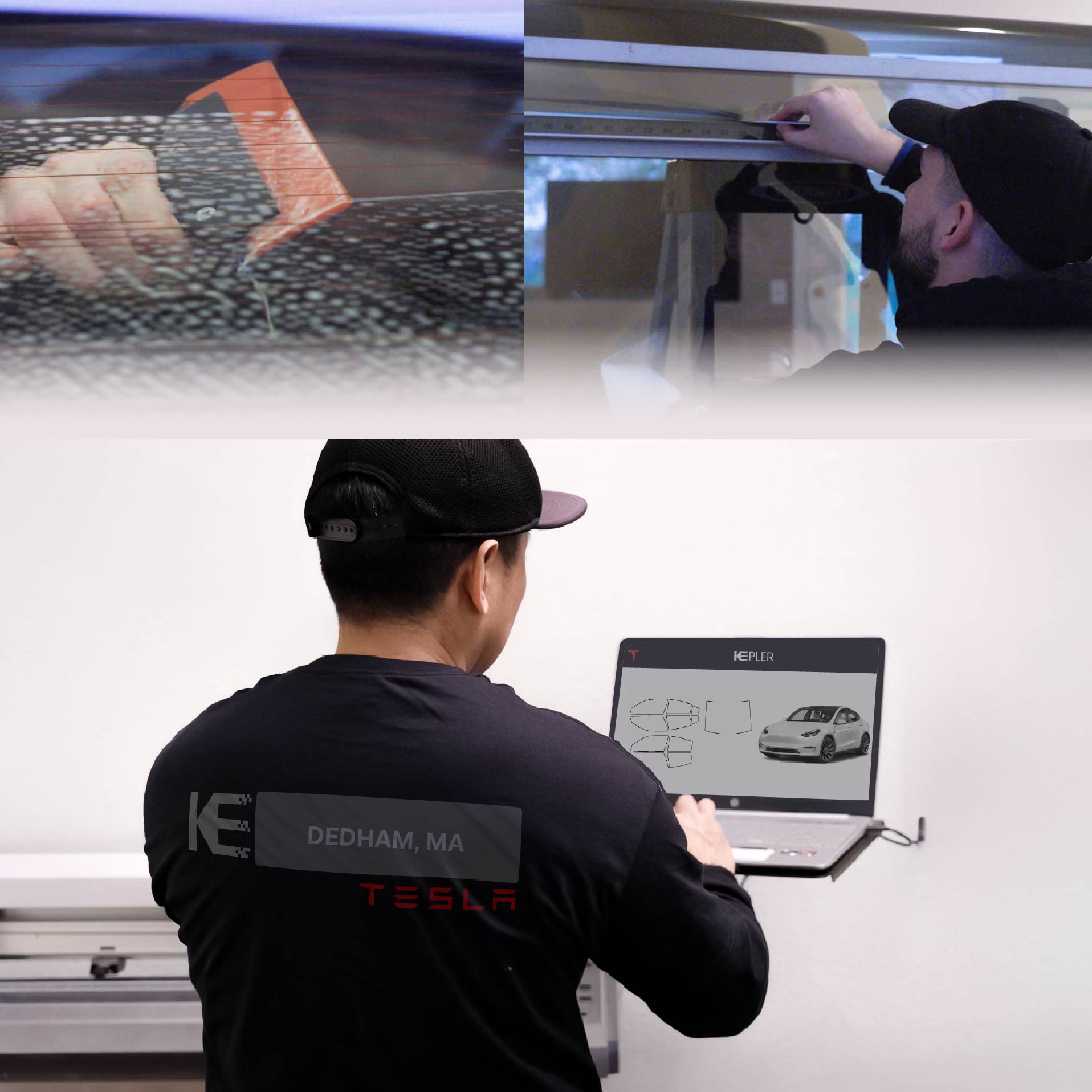 Kepler Technician Installing High-tech Window Tint to Tesla in Dedham