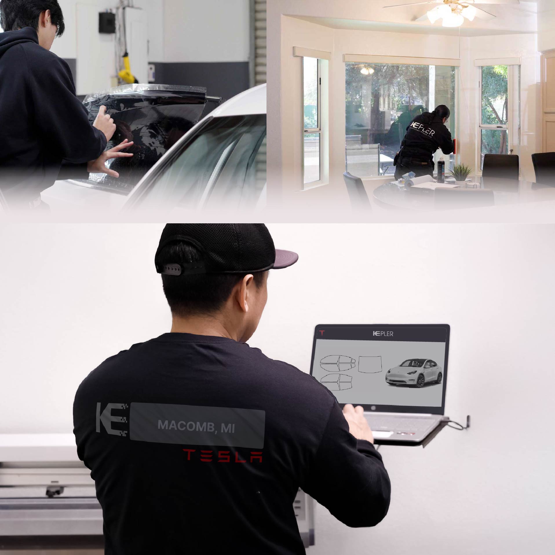 Expert Technician Applying High-tech Window Tint to Tesla in Macomb