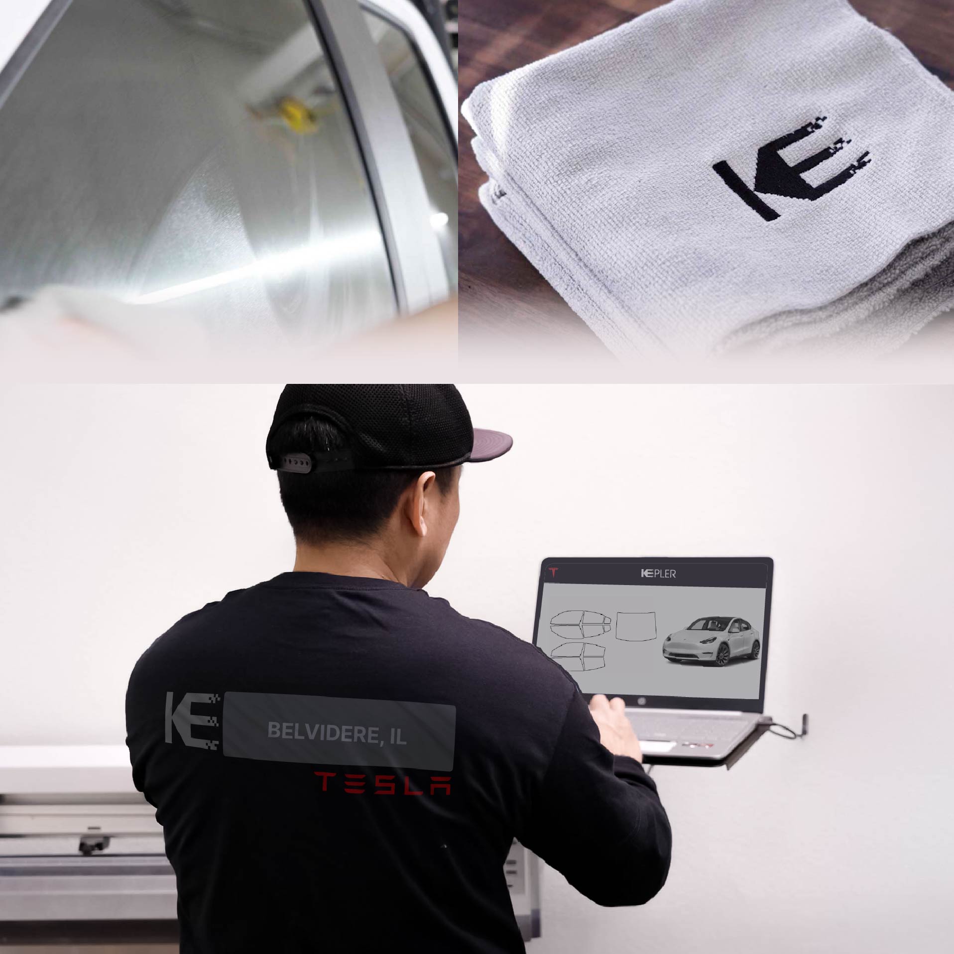 Expert Technician Fitting Advanced Window Tint to Tesla in Belvidere