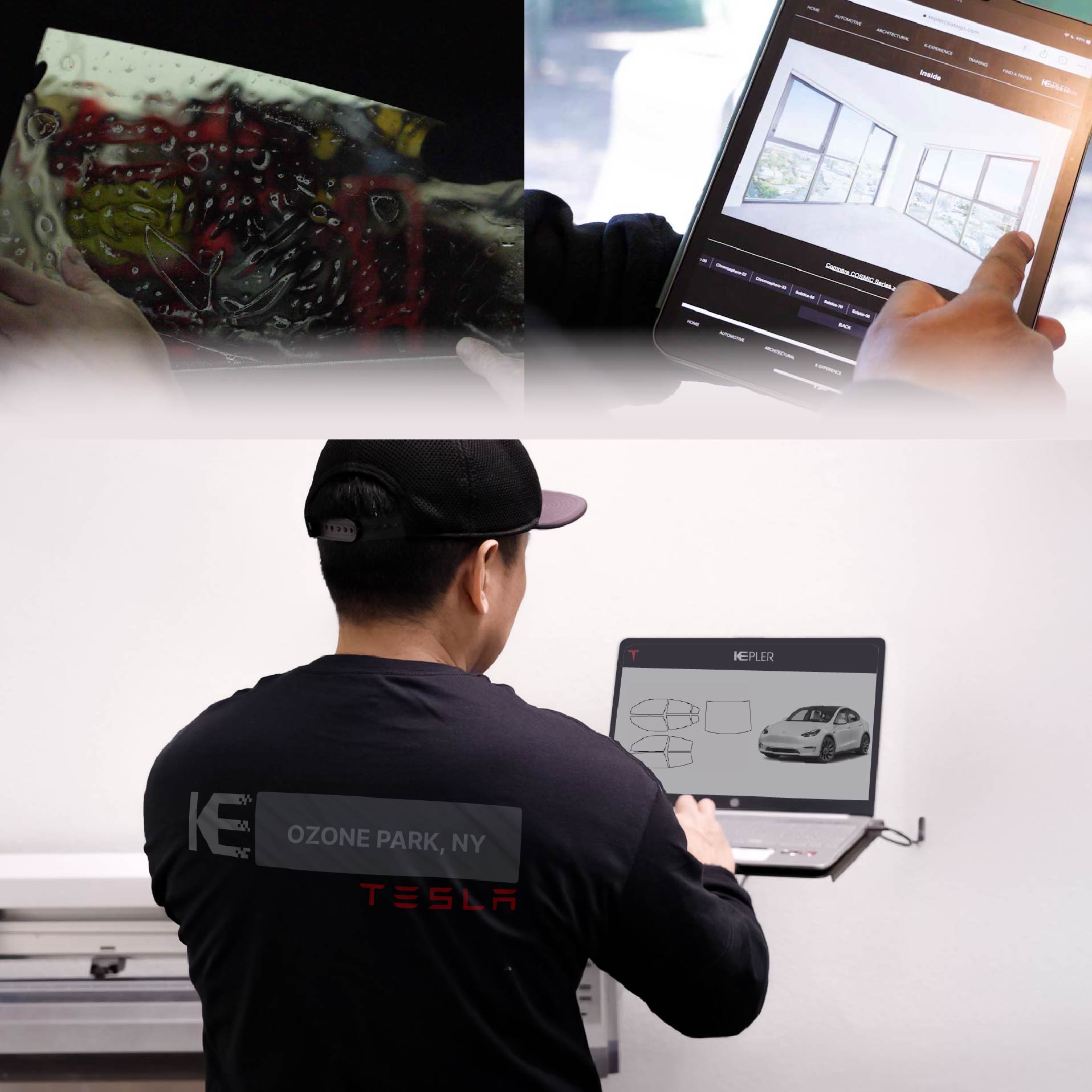 Expert Technician Applying High-tech Window Tint to Tesla in Ozone Park