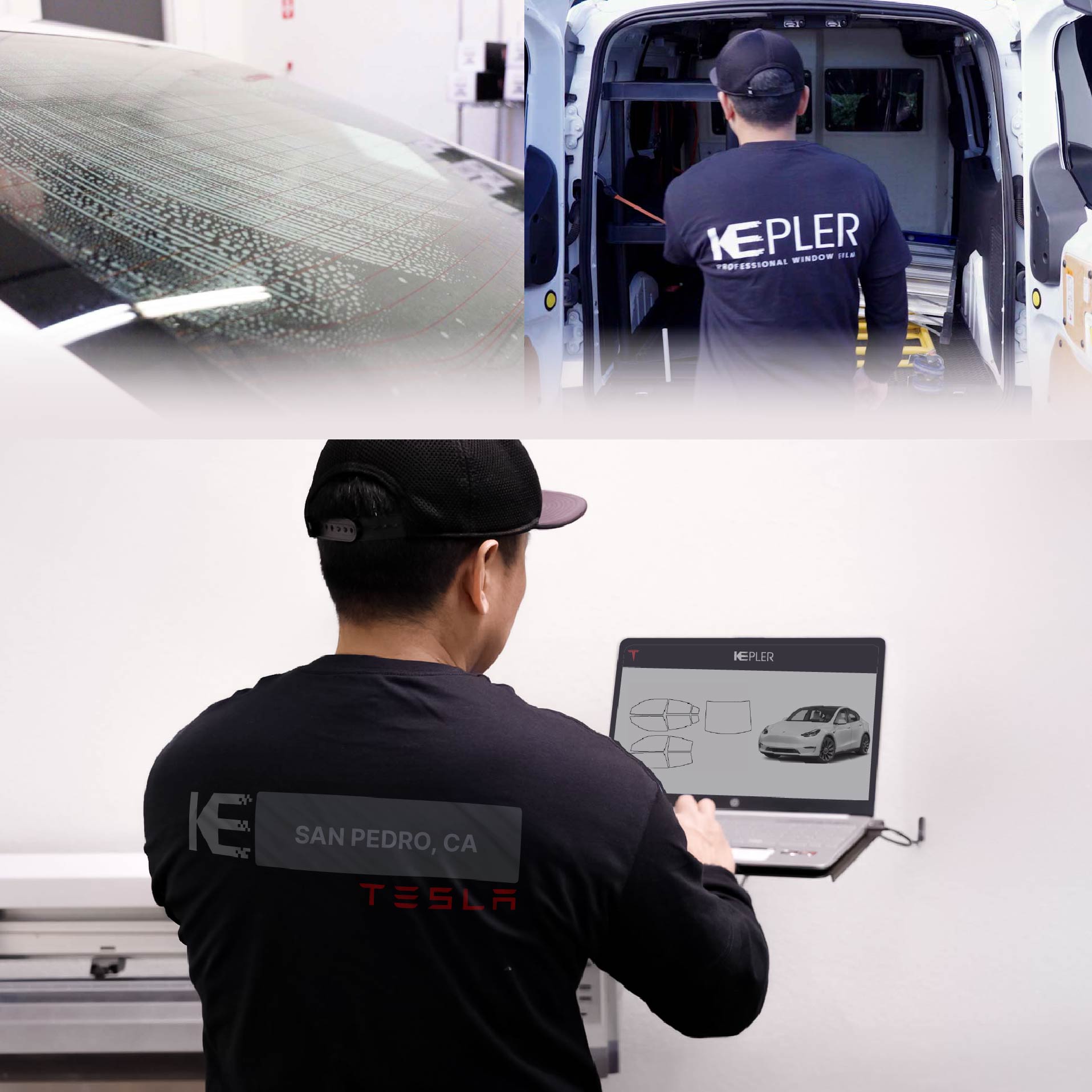 Kepler Technician Applying Advanced Window Tint to Tesla in San Pedro