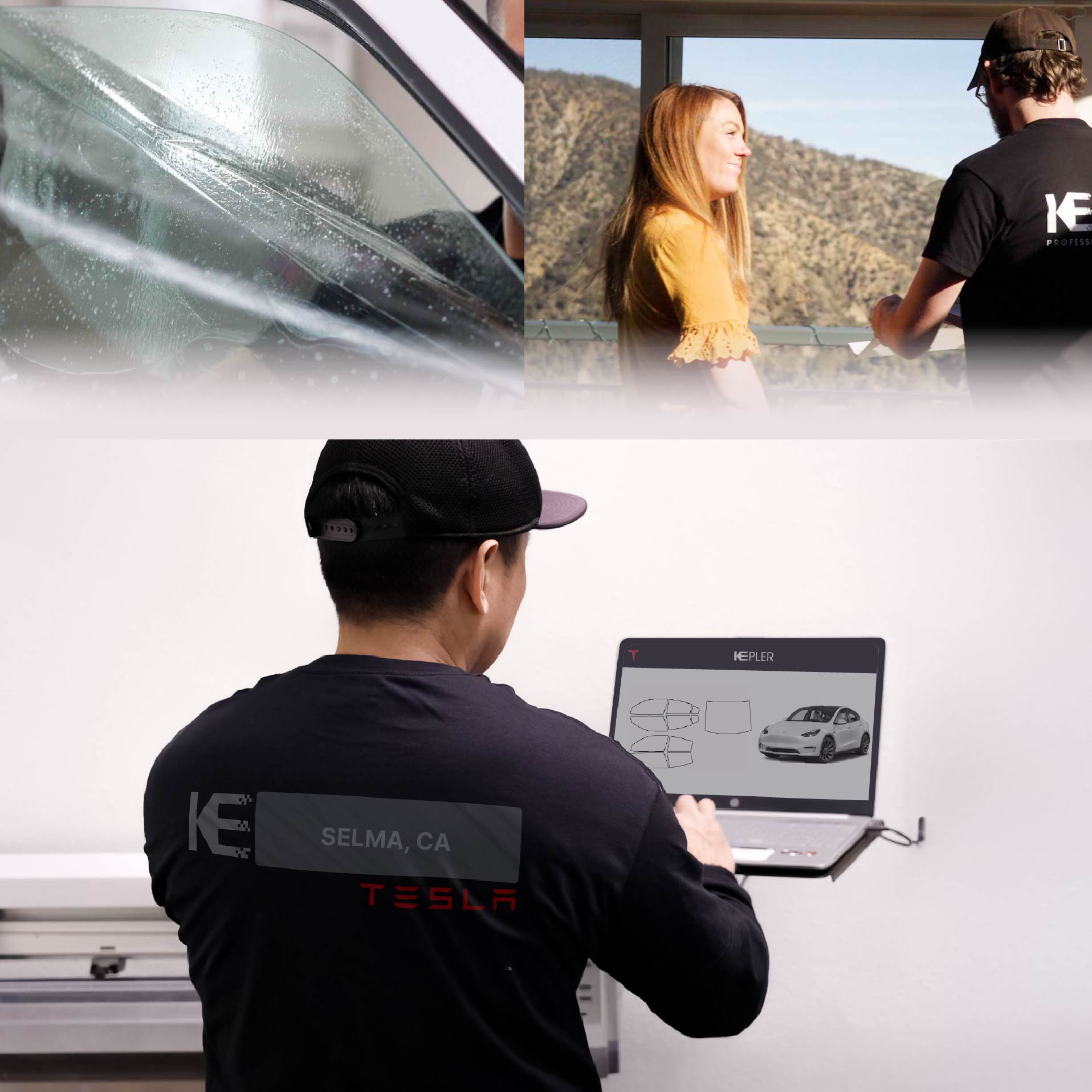 Kepler Technician Installing Ceramic Window Tint to Tesla in Selma