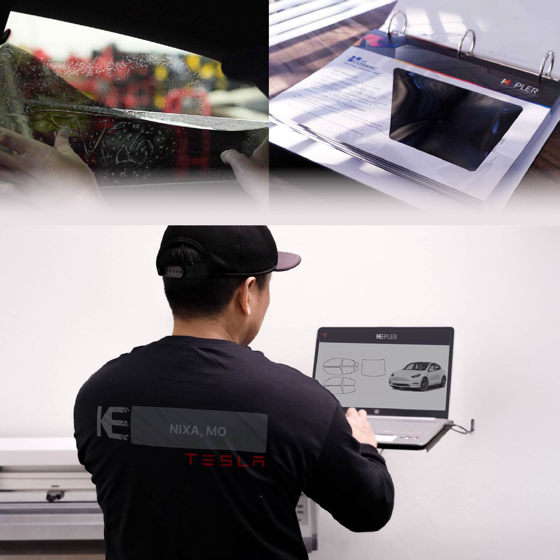 Kepler Technician Applying Ceramic Window Tint to Tesla in Nixa