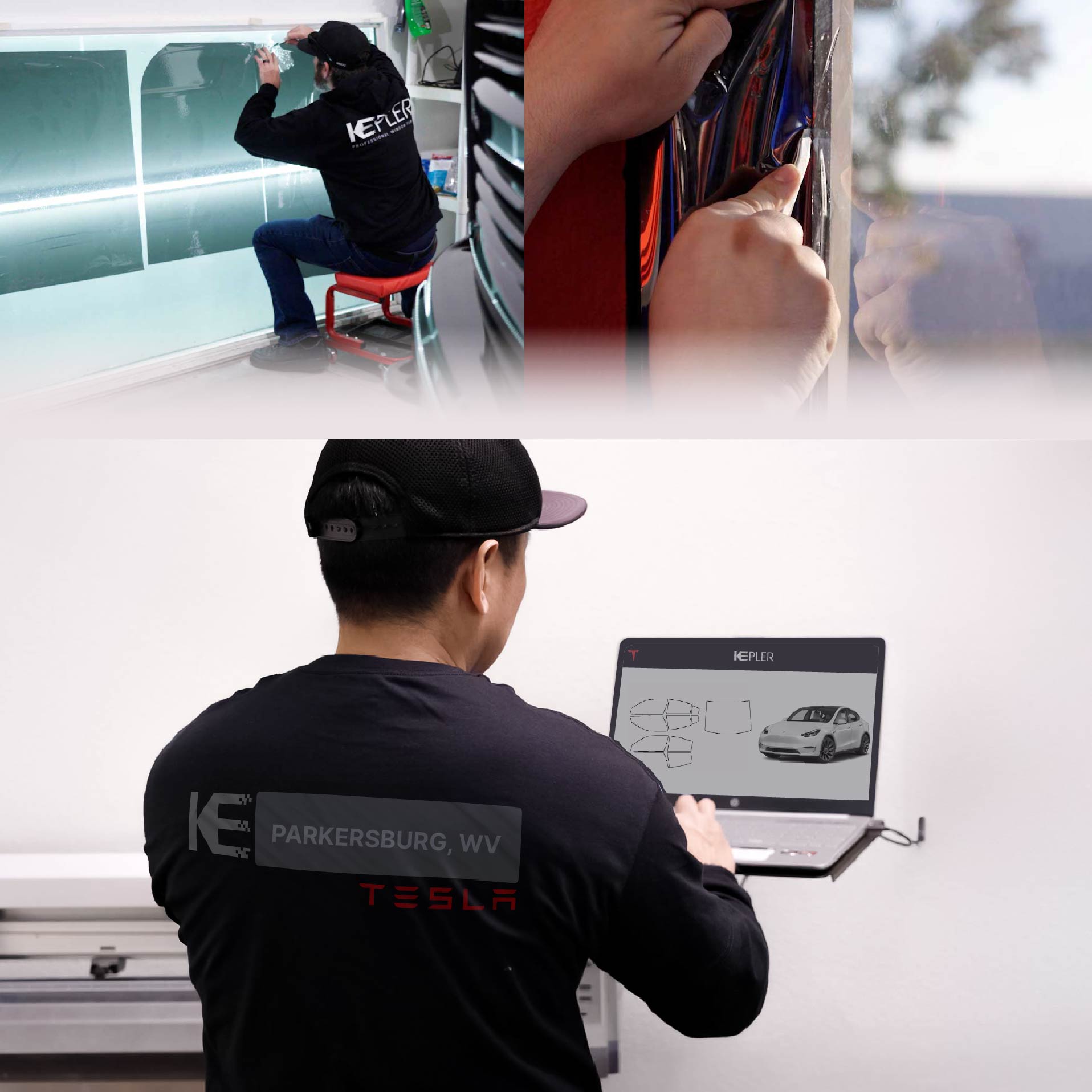 Expert Technician Fitting Ceramic Window Tint to Tesla in Parkersburg