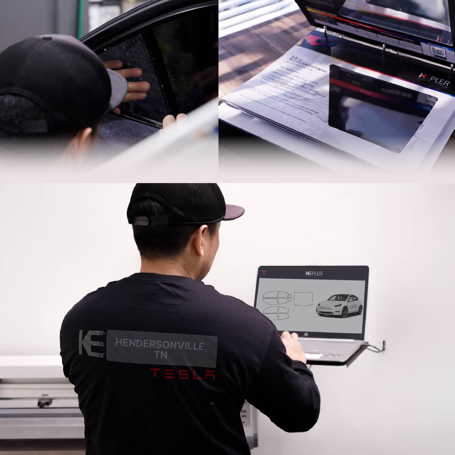 Expert Technician Installing Ceramic Window Tint to Tesla in Hendersonville