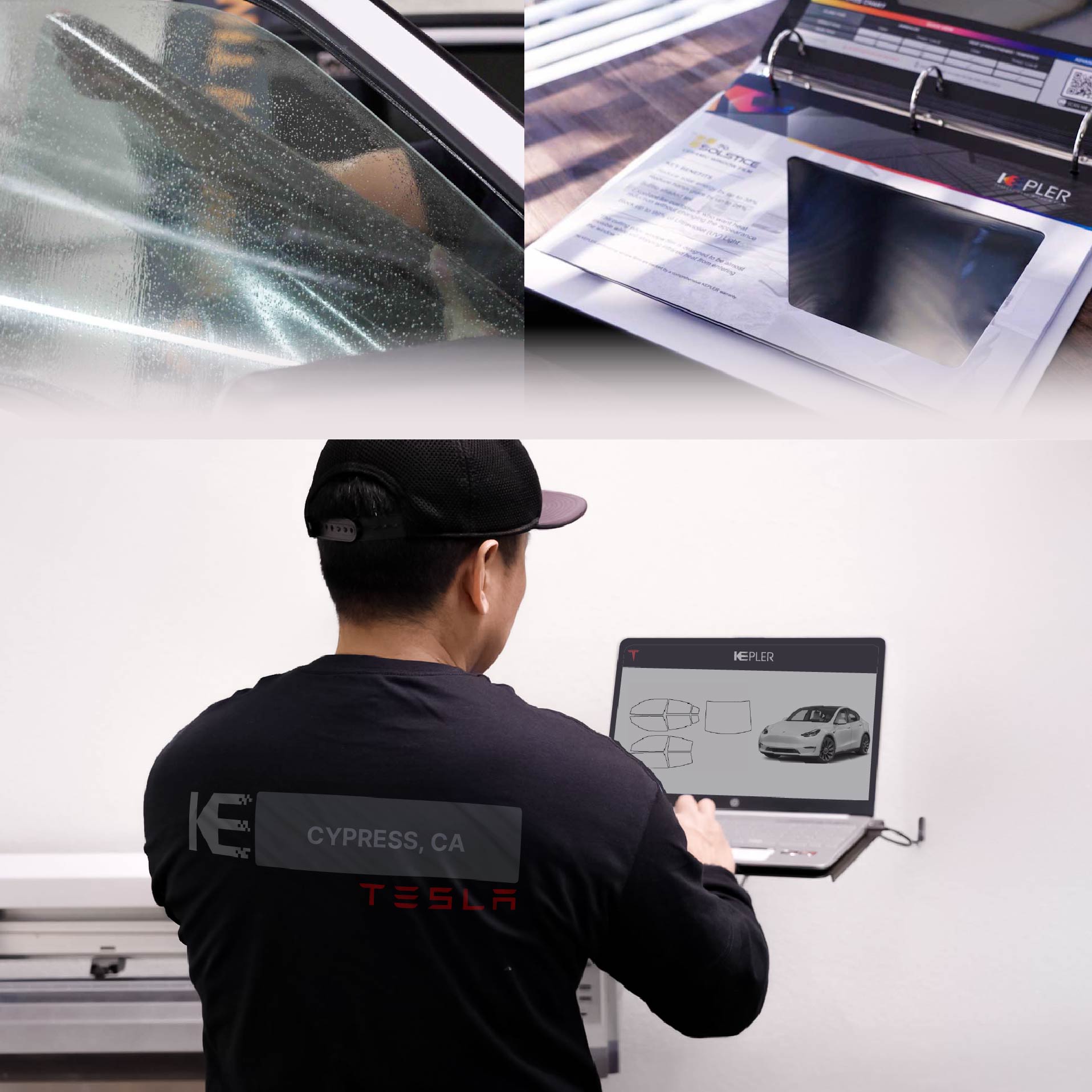 Expert Technician Applying Advanced Window Tint to Tesla in Cypress