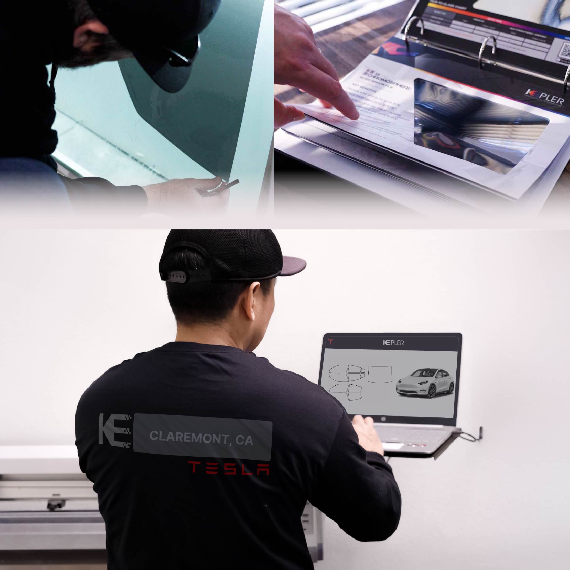 Expert Technician Applying Advanced Window Tint to Tesla in Claremont
