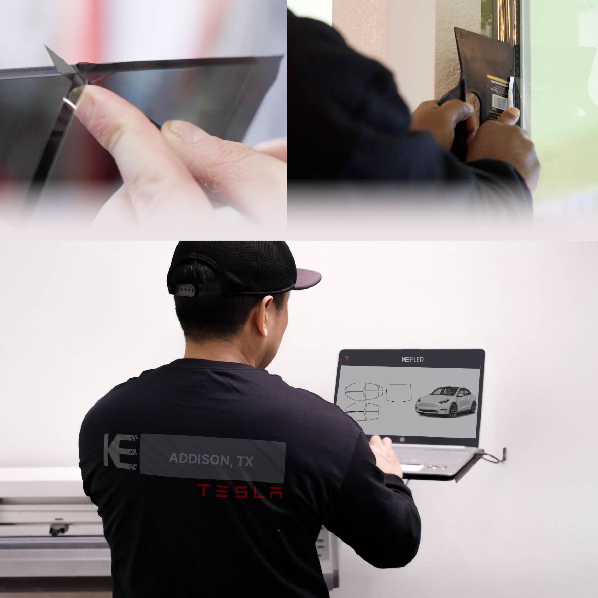 Kepler Technician Applying High-tech Window Tint to Tesla in Addison