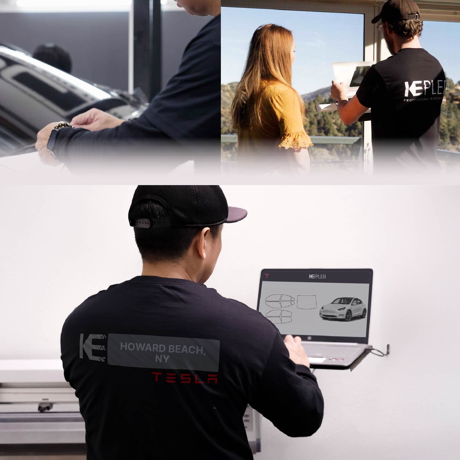 Kepler Technician Installing Advanced Window Tint to Tesla in Howard Beach