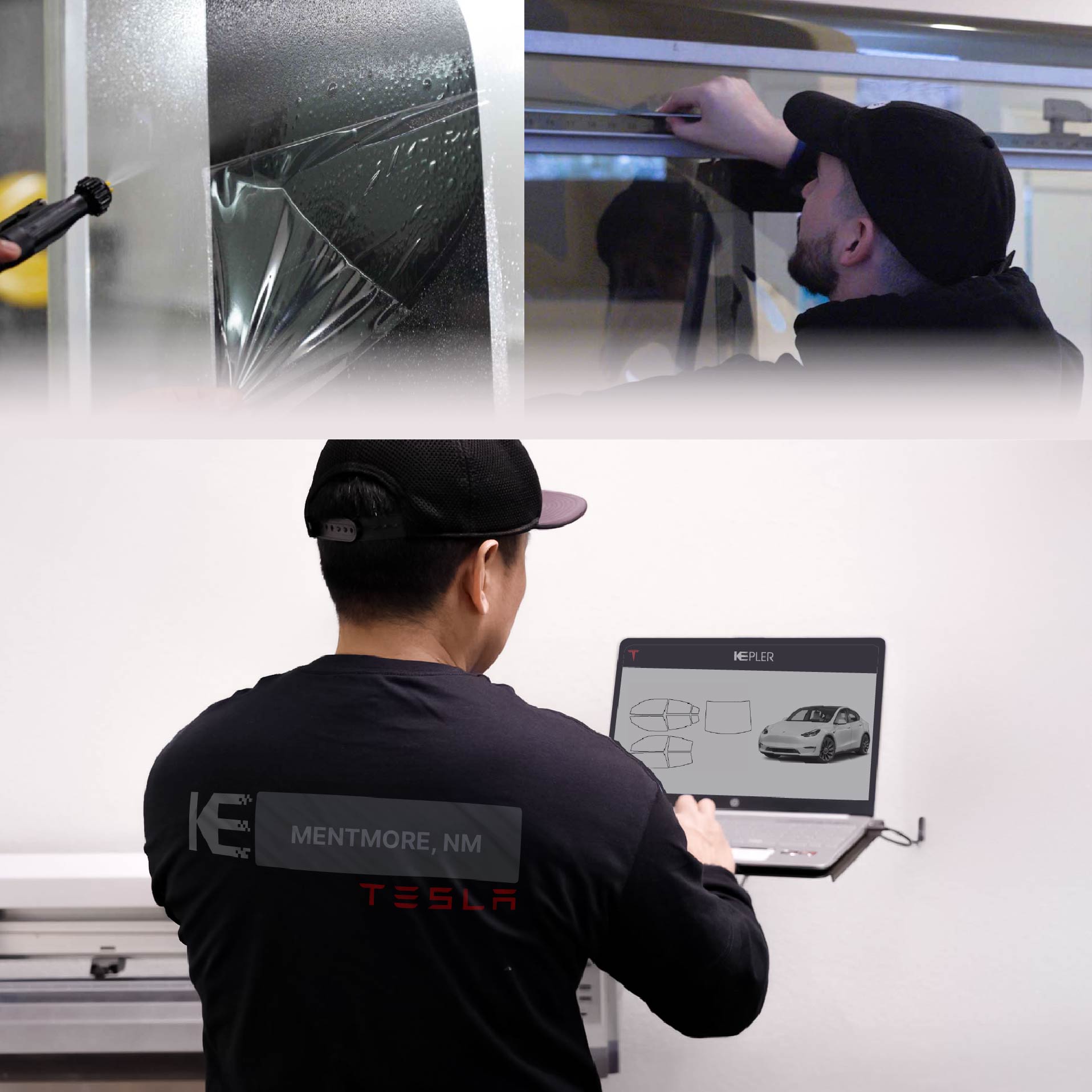 Expert Technician Applying Ceramic Window Tint to Tesla in Mentmore