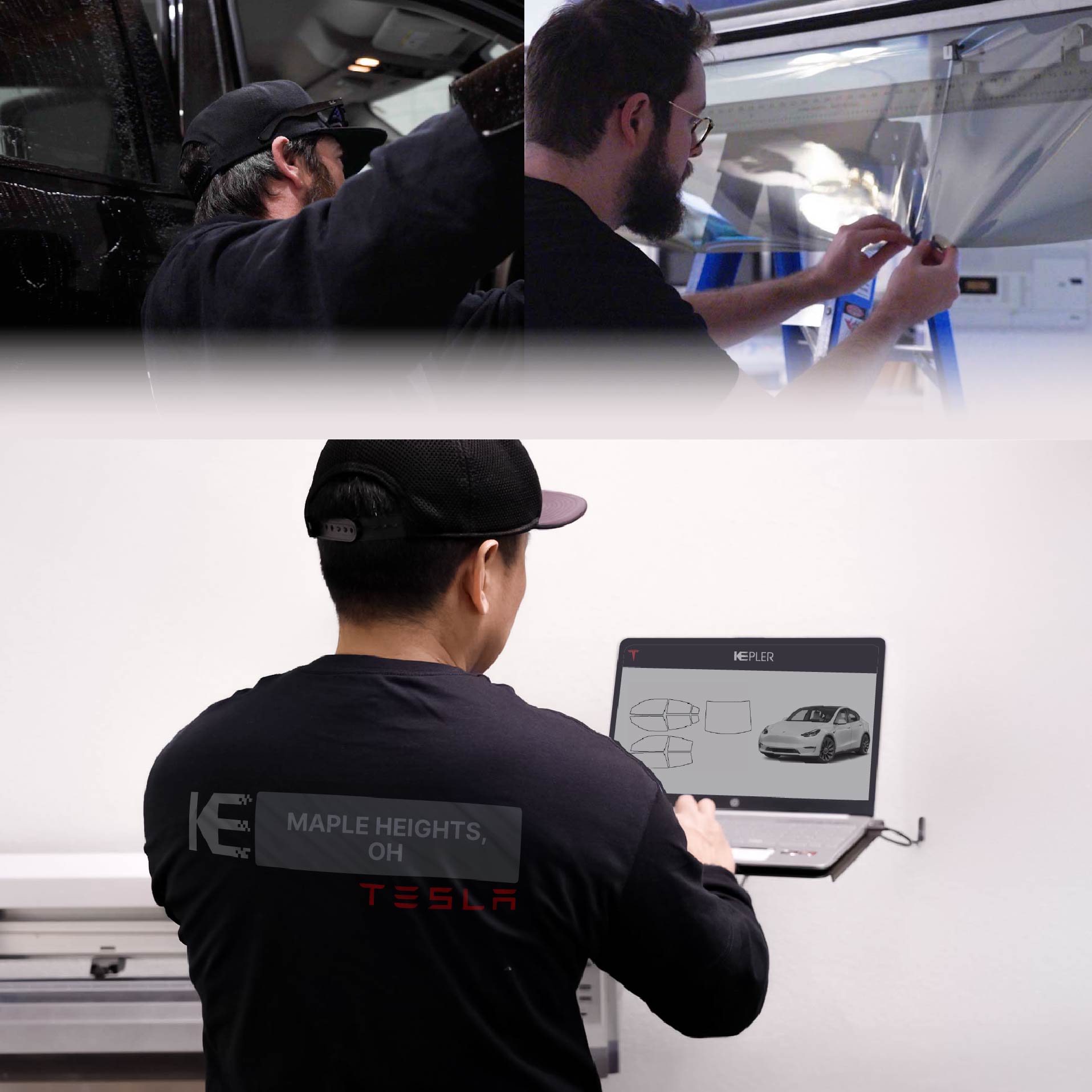 Expert Technician Applying Ceramic Window Tint to Tesla in Maple Heights