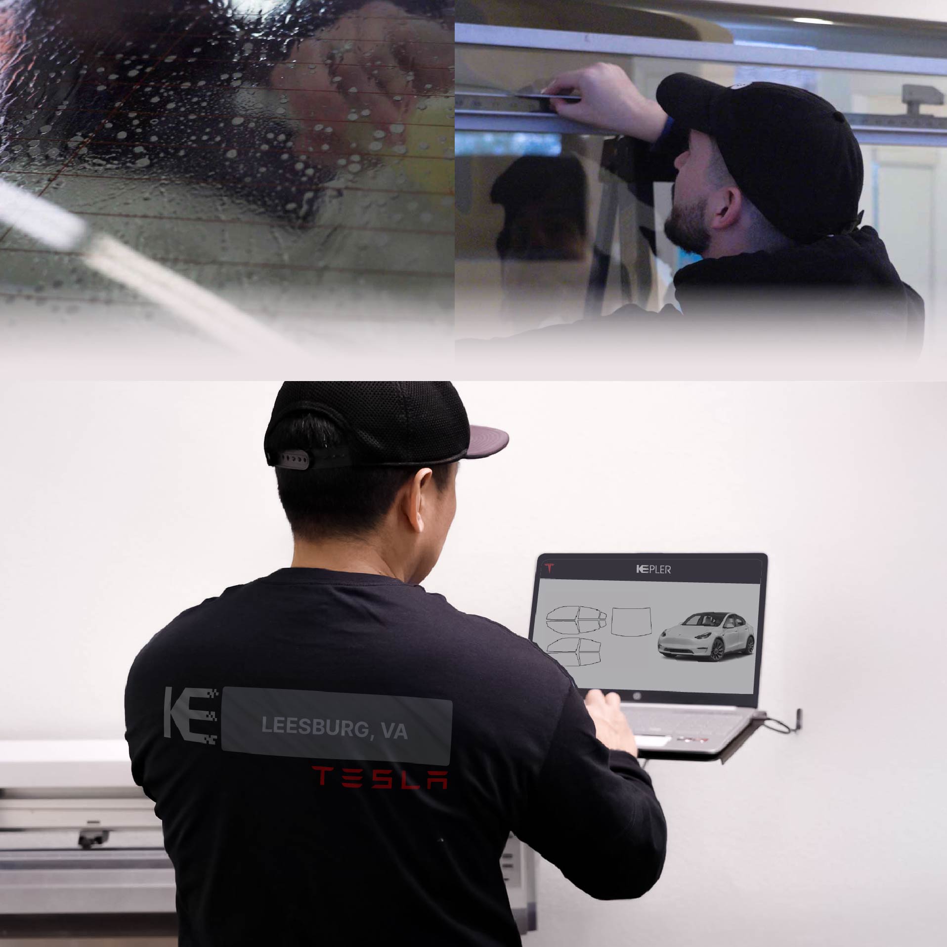 Kepler Technician Applying Advanced Window Tint to Tesla in Leesburg