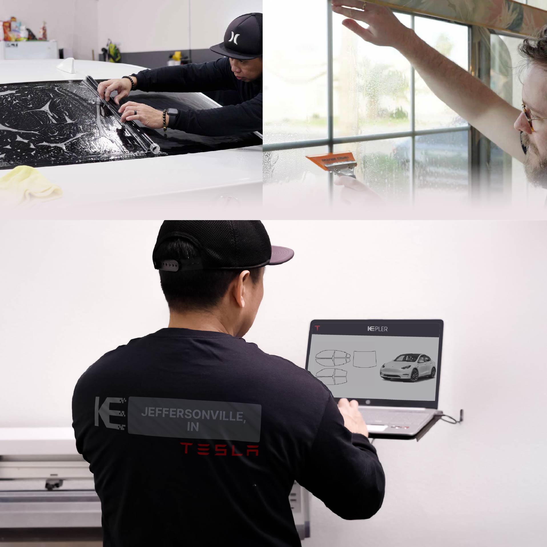 Expert Technician Applying High-tech Window Tint to Tesla in Jeffersonville