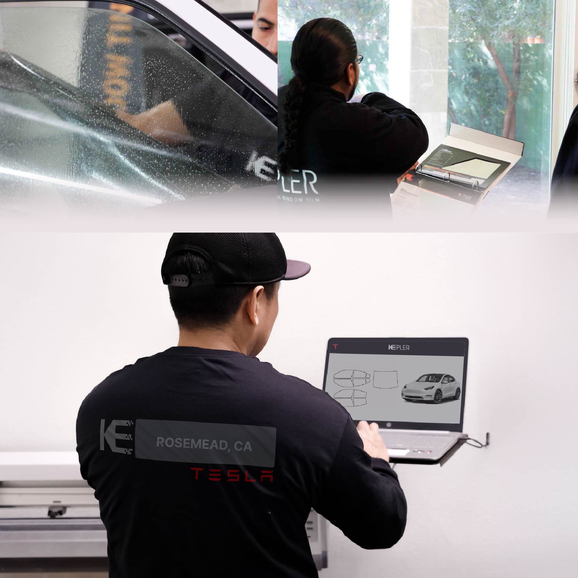 Kepler Technician Fitting Ceramic Window Tint to Tesla in Rosemead