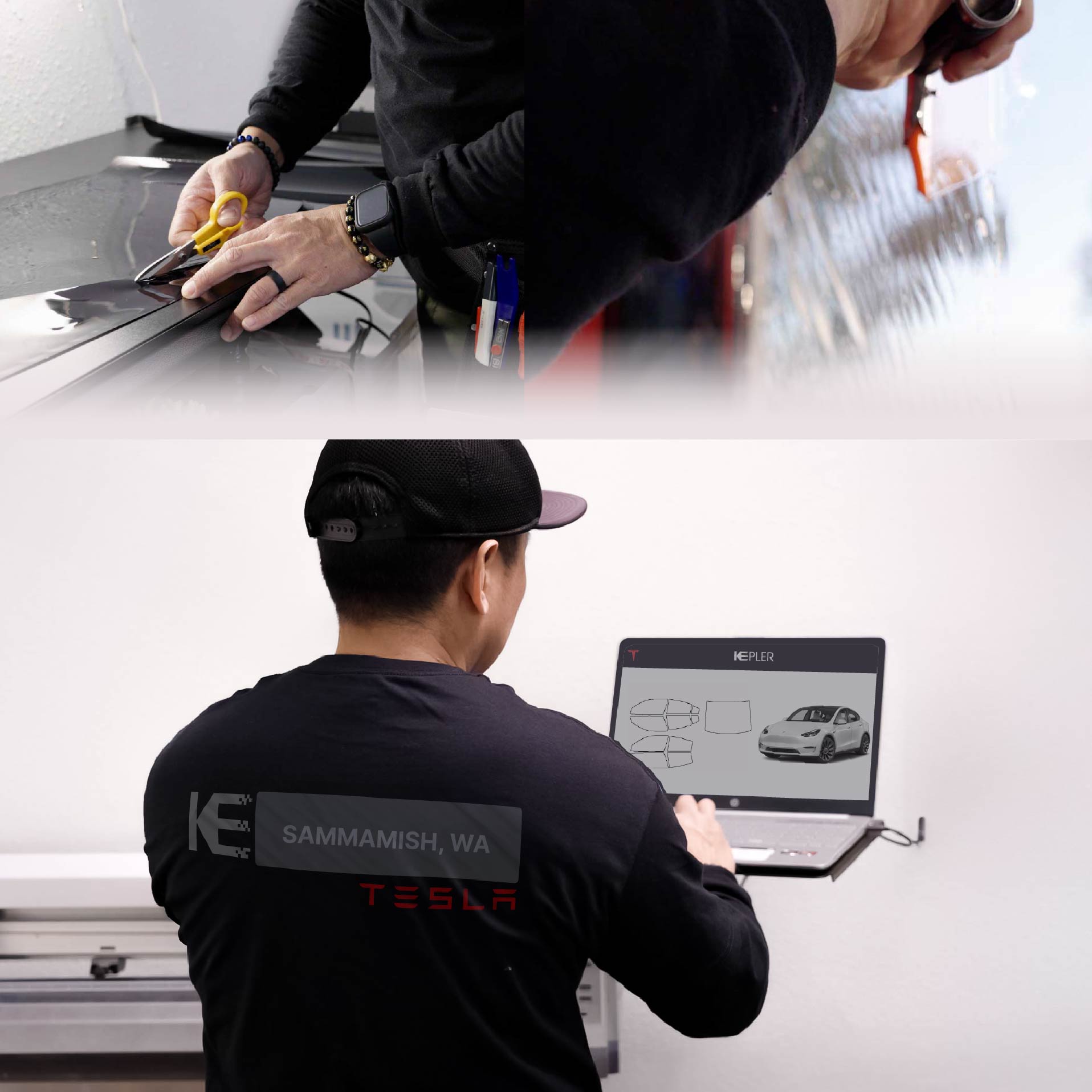 Expert Technician Applying High-tech Window Tint to Tesla in Sammamish