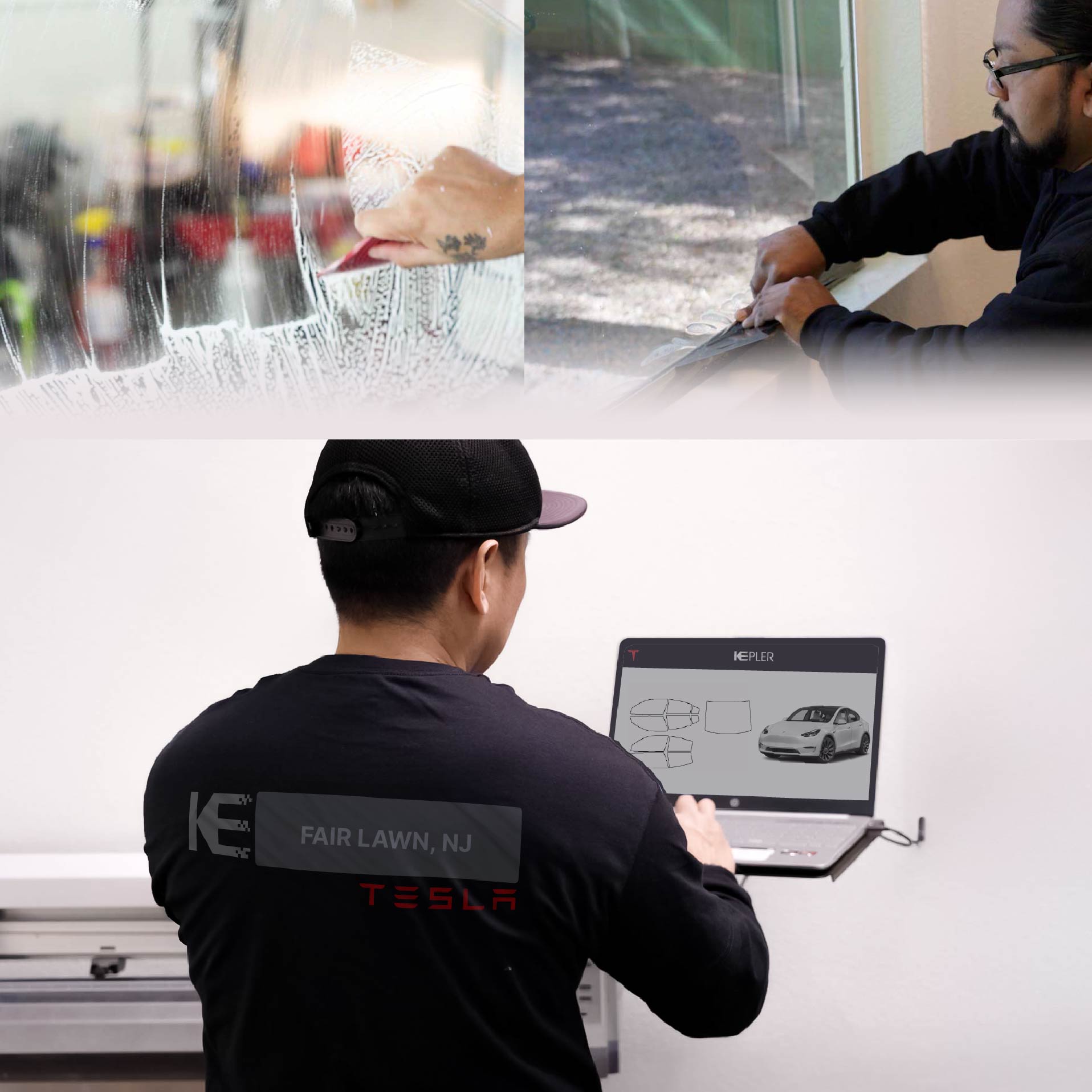 Kepler Technician Fitting Ceramic Window Tint to Tesla in Fair Lawn