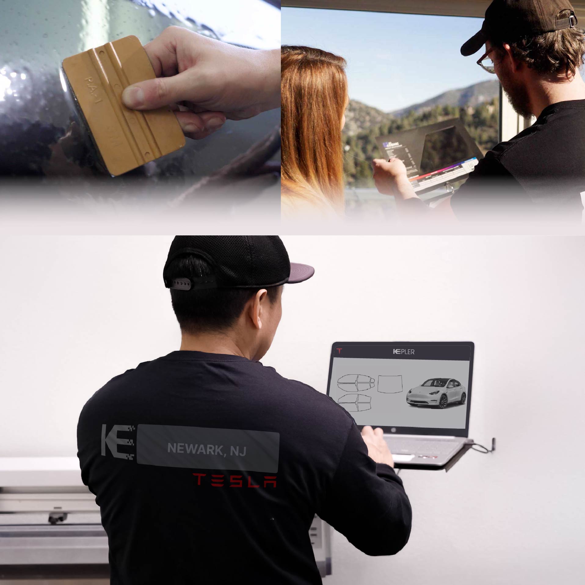 Expert Technician Installing Advanced Window Tint to Tesla in Newark