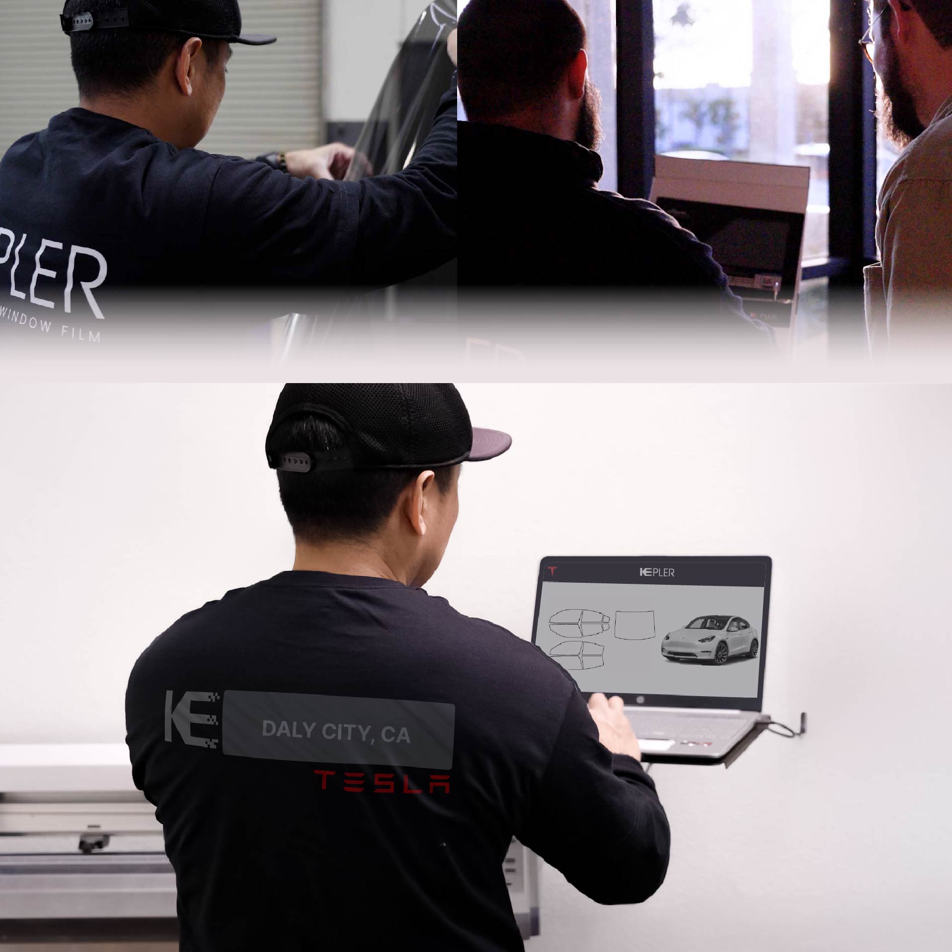 Expert Technician Applying Ceramic Window Tint to Tesla in Daly City