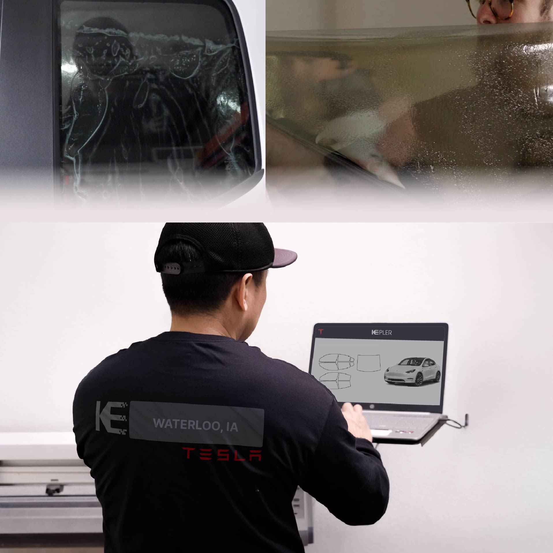 Expert Technician Applying Advanced Window Tint to Tesla in Waterloo
