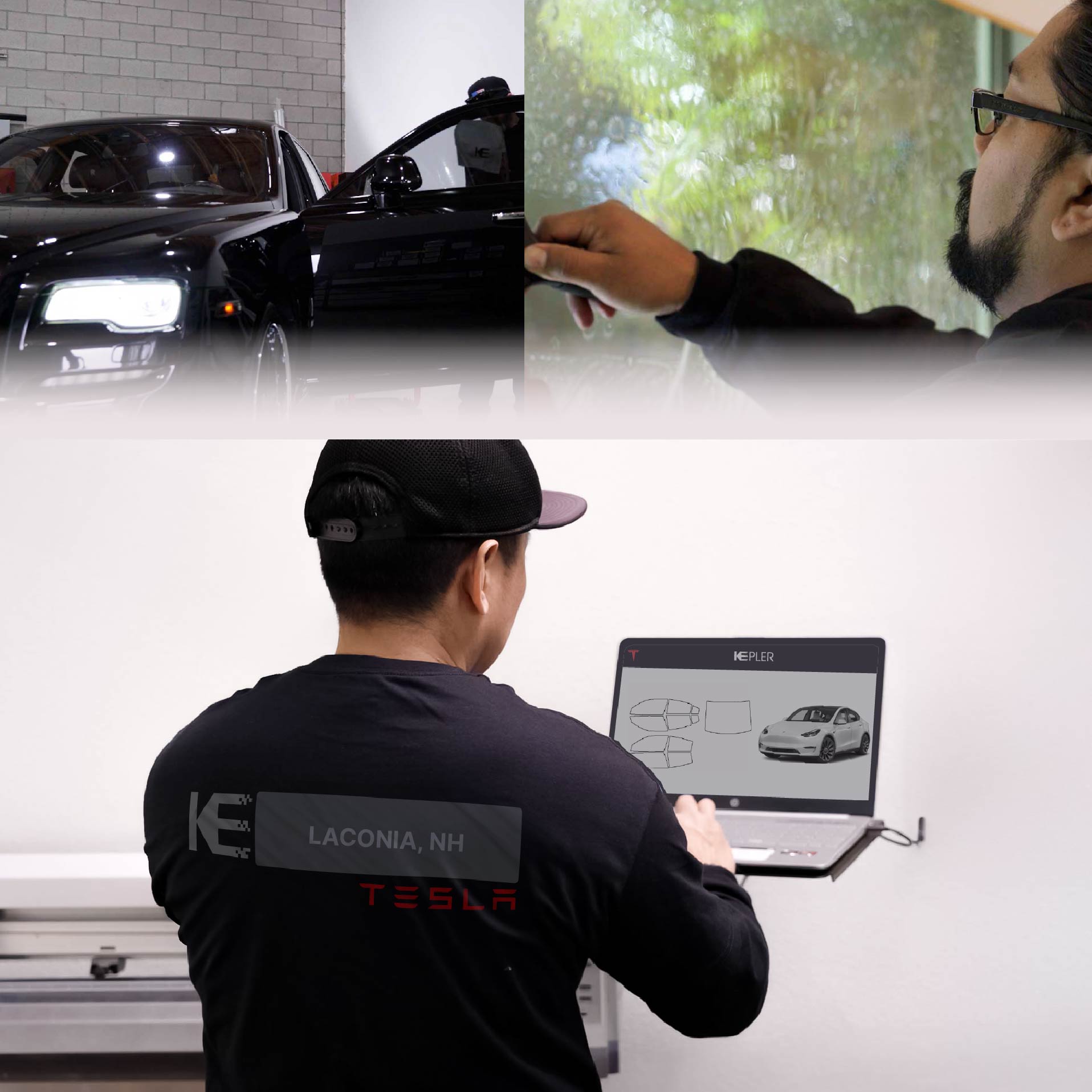 Kepler Technician Fitting High-tech Window Tint to Tesla in Laconia