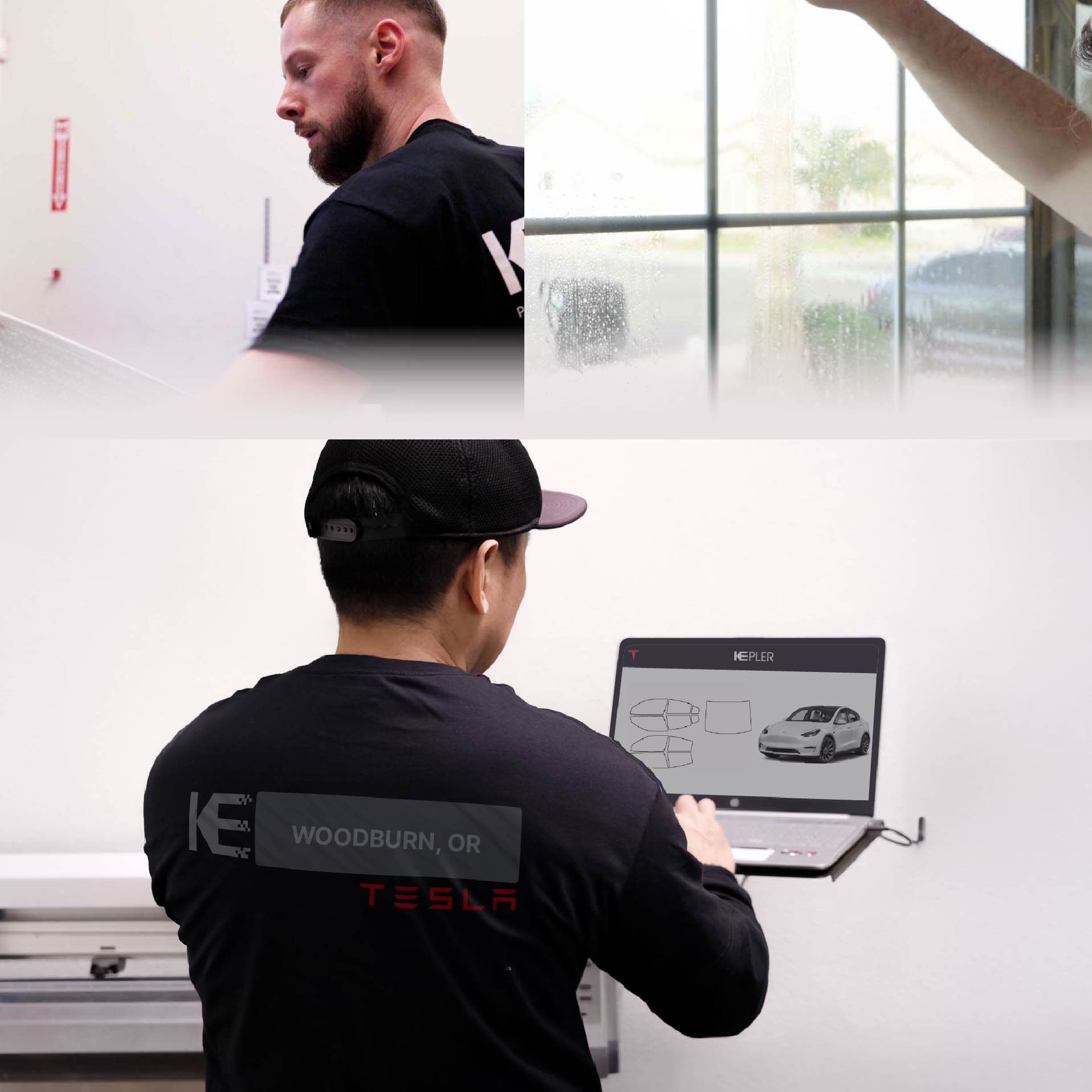 Kepler Technician Applying Advanced Window Tint to Tesla in Woodburn