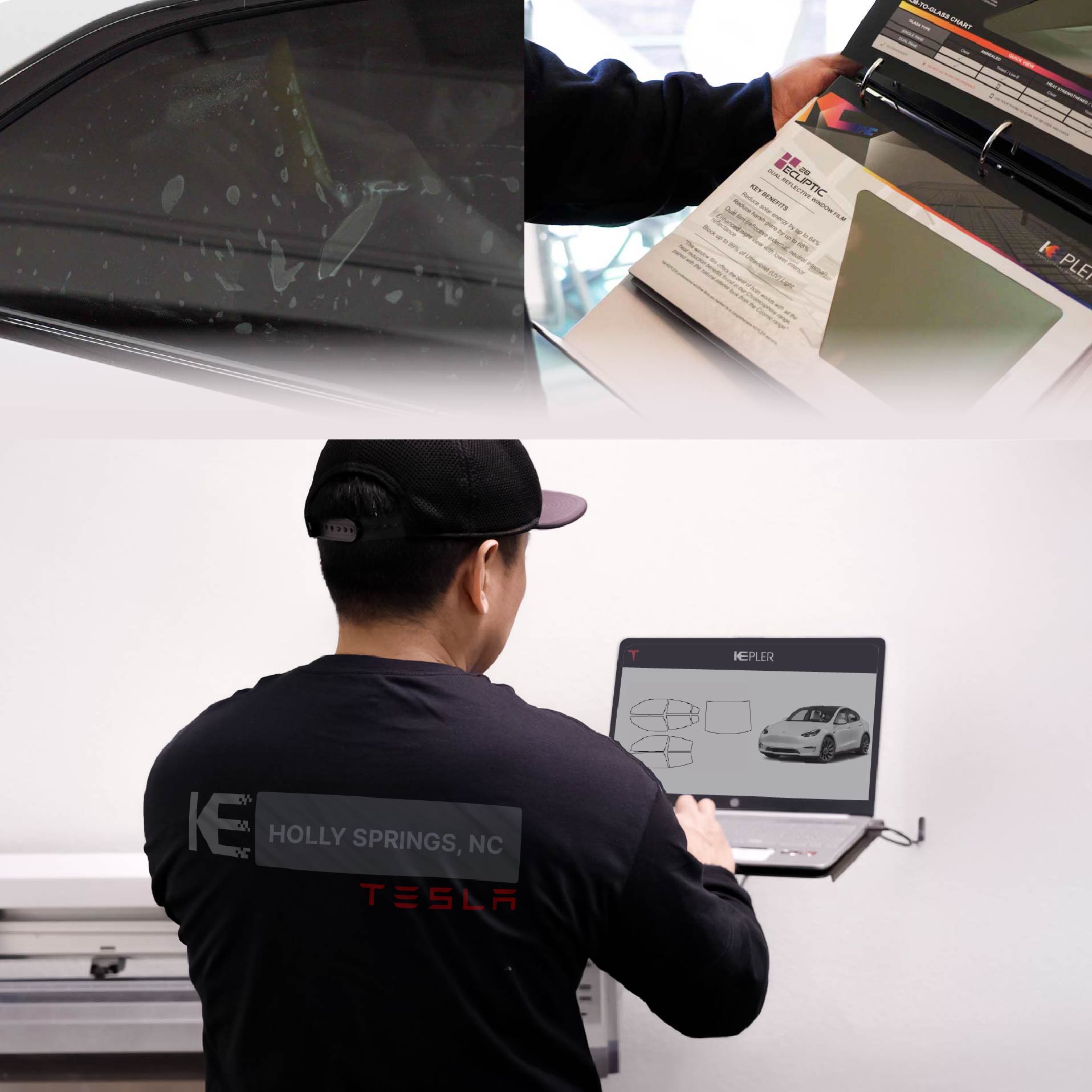 Expert Technician Fitting Advanced Window Tint to Tesla in Holly Springs