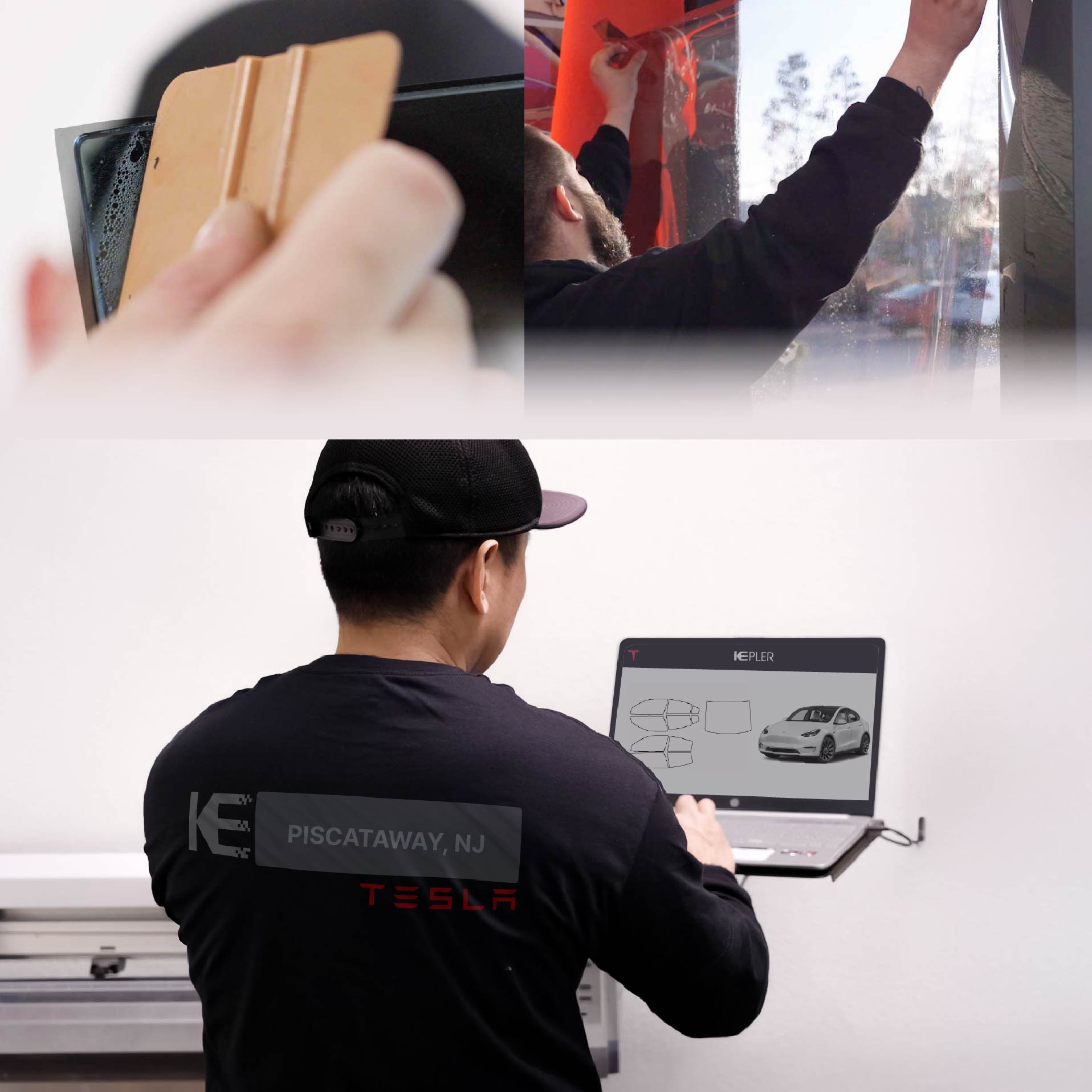 Expert Technician Installing Ceramic Window Tint to Tesla in Piscataway
