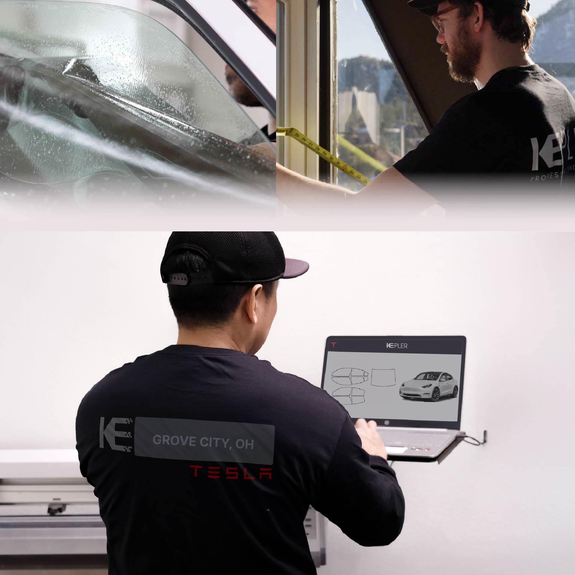 Expert Technician Applying High-tech Window Tint to Tesla in Grove City