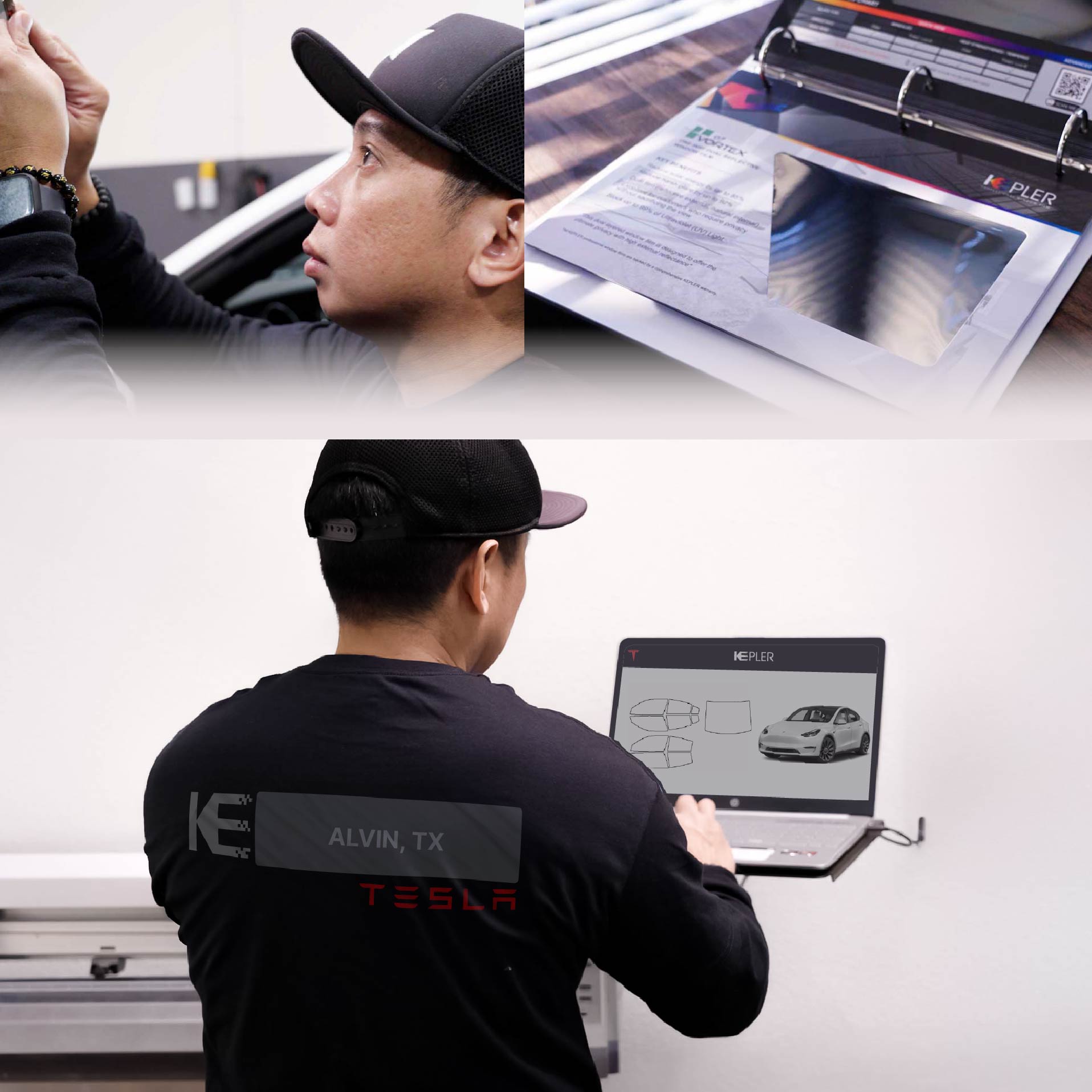 Kepler Technician Applying Ceramic Window Tint to Tesla in Alvin