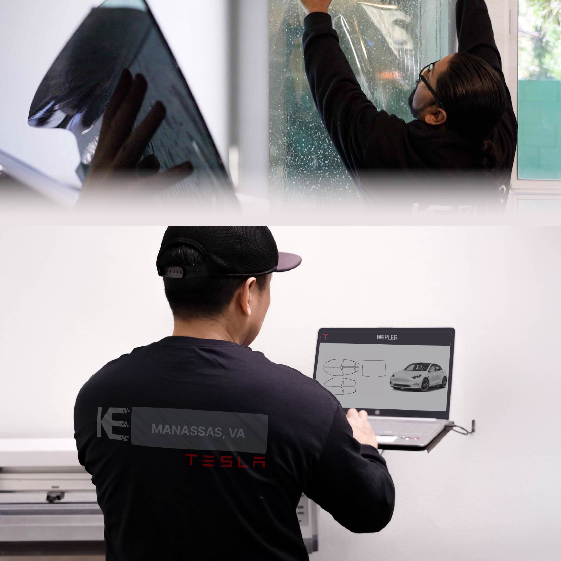 Kepler Technician Installing Advanced Window Tint to Tesla in Manassas
