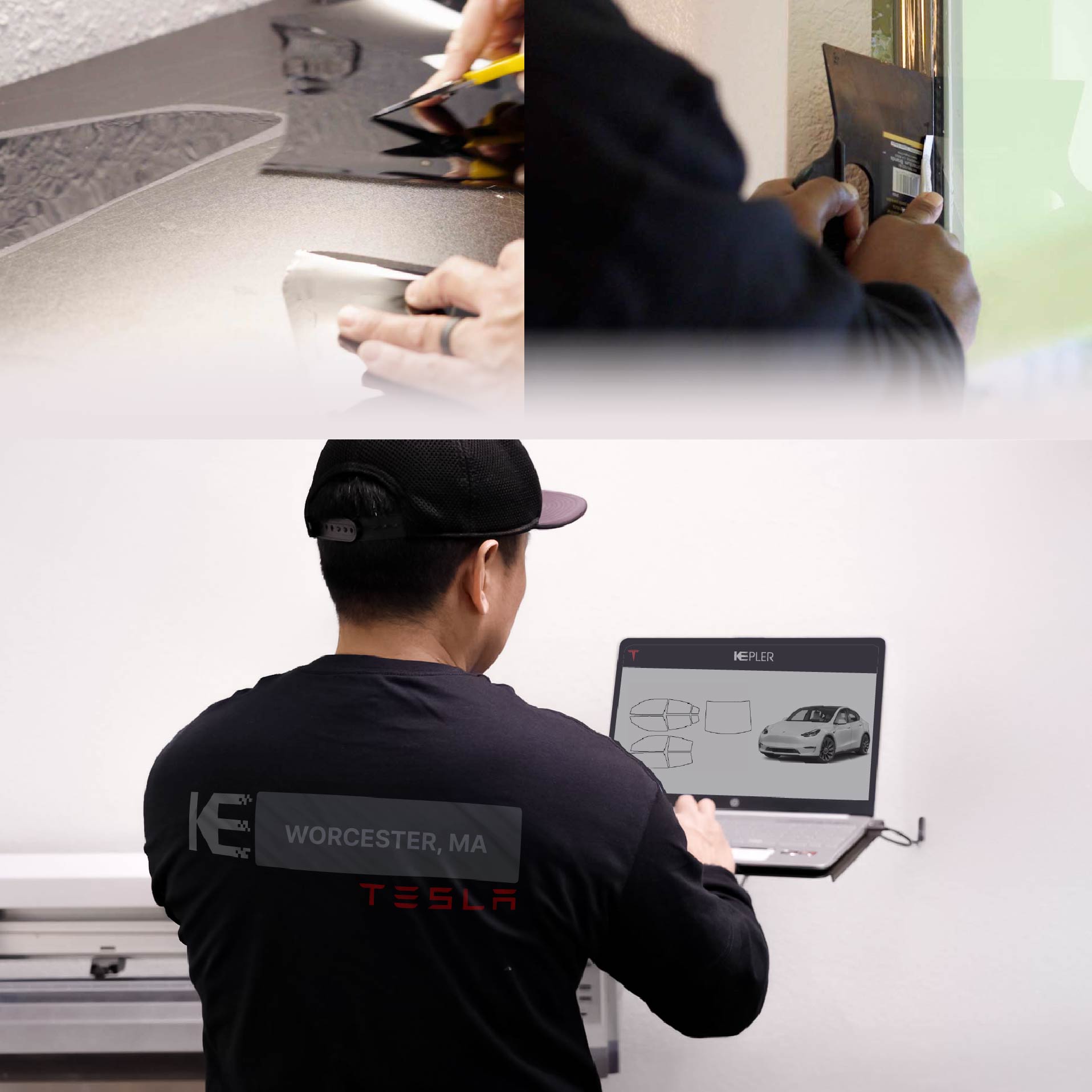 Expert Technician Applying Ceramic Window Tint to Tesla in Worcester