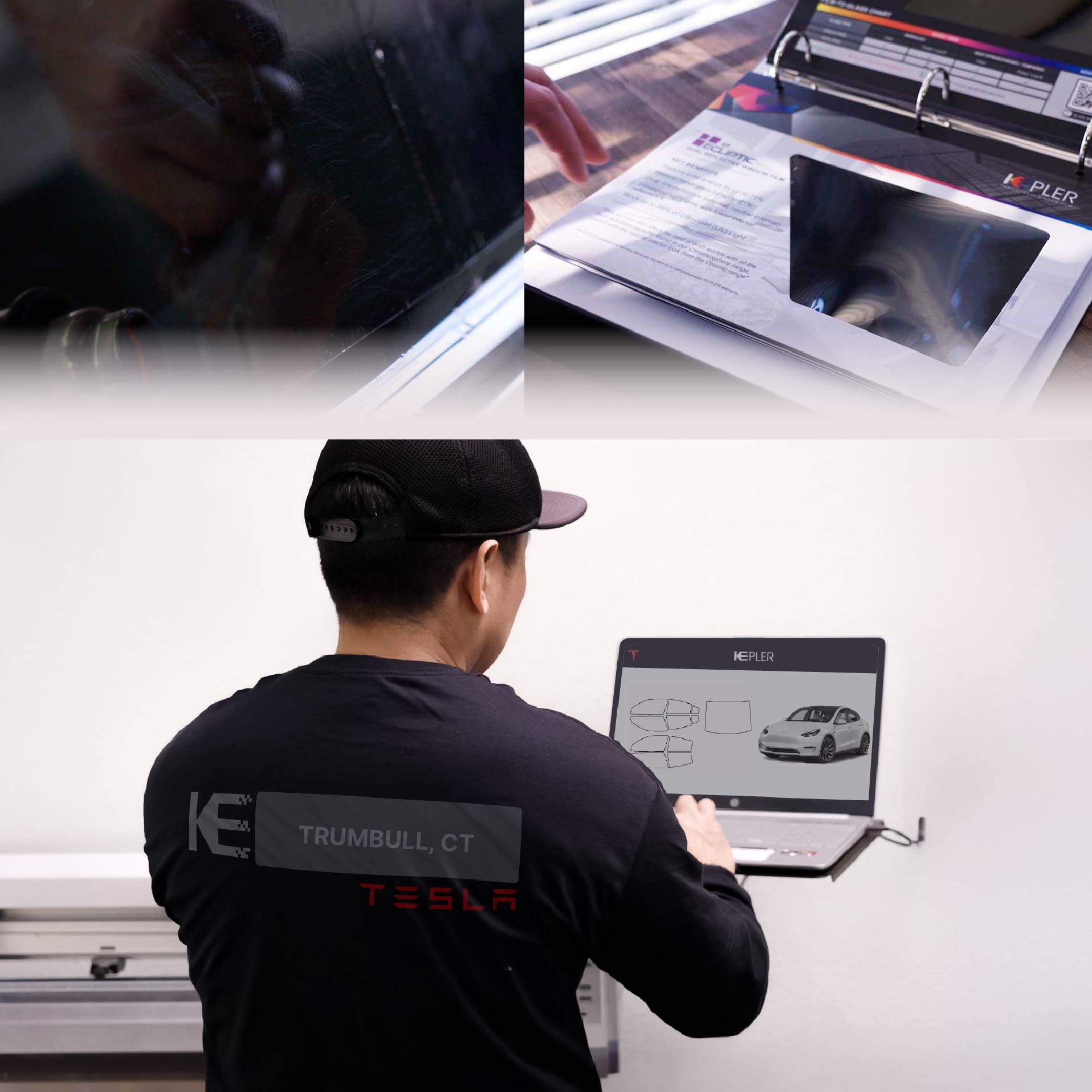 Expert Technician Fitting Advanced Window Tint to Tesla in Trumbull