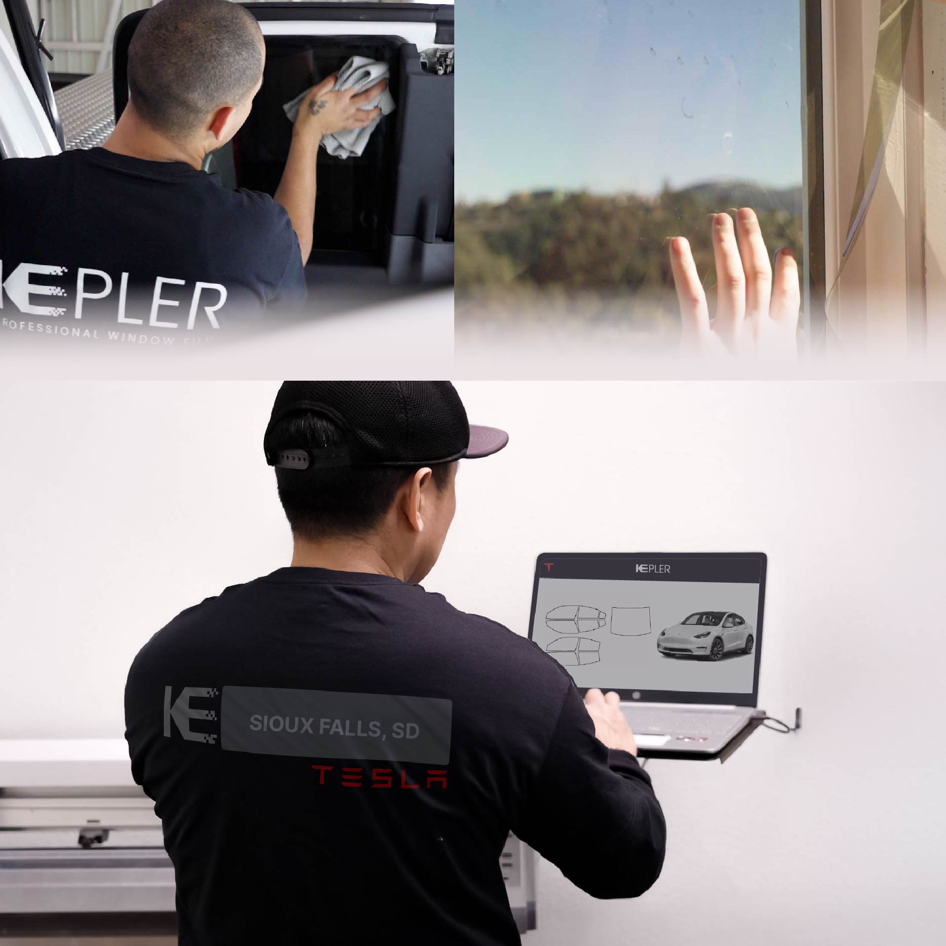 Kepler Technician Installing Advanced Window Tint to Tesla in Sioux Falls