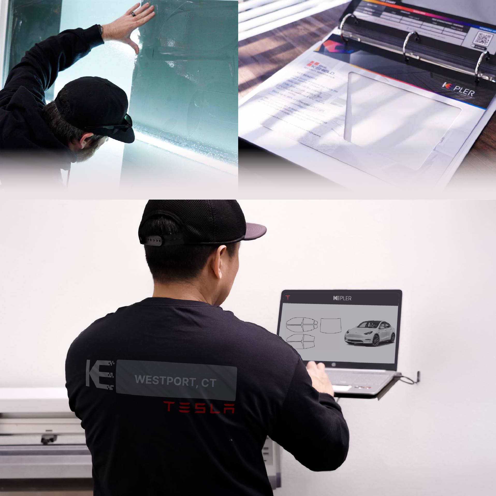 Kepler Technician Fitting Advanced Window Tint to Tesla in Westport
